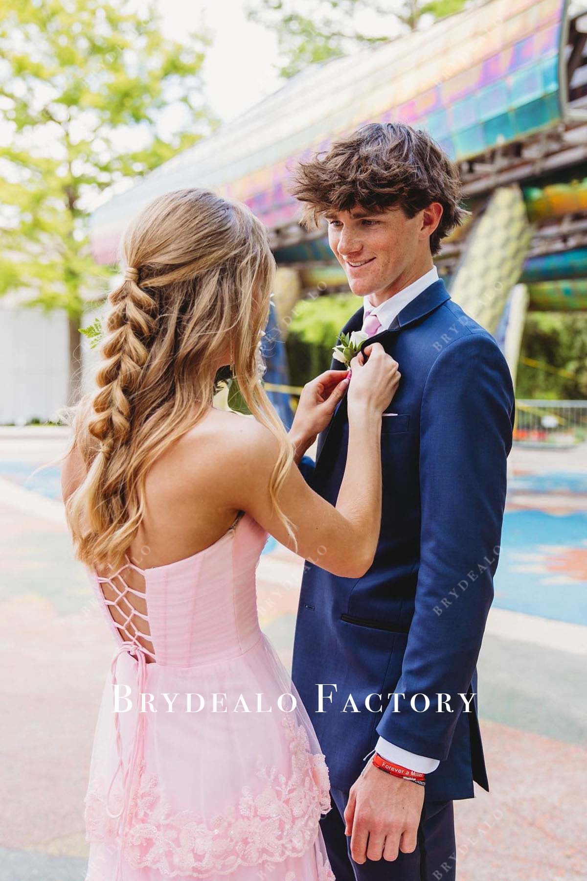 pink lace up back homecoming dress