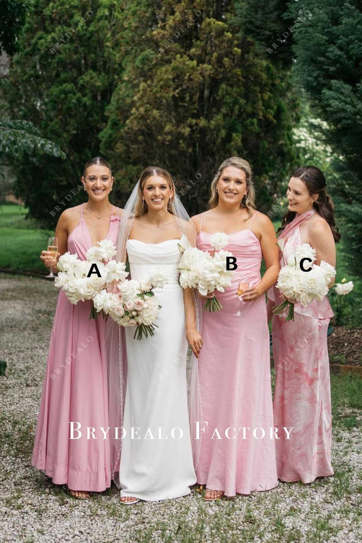 pink long mismatched bridesmaid dresses
