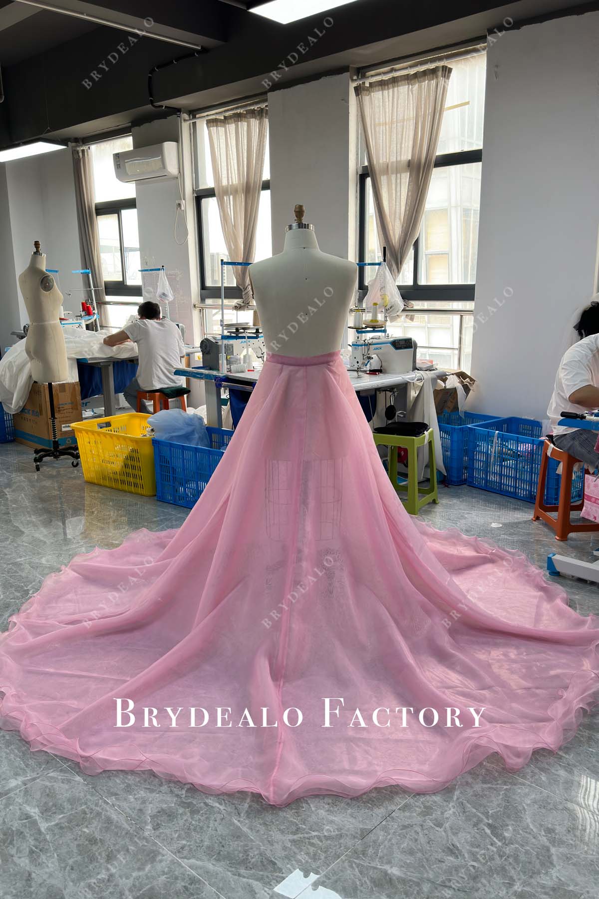 light pink chapel train layered organza overskirt