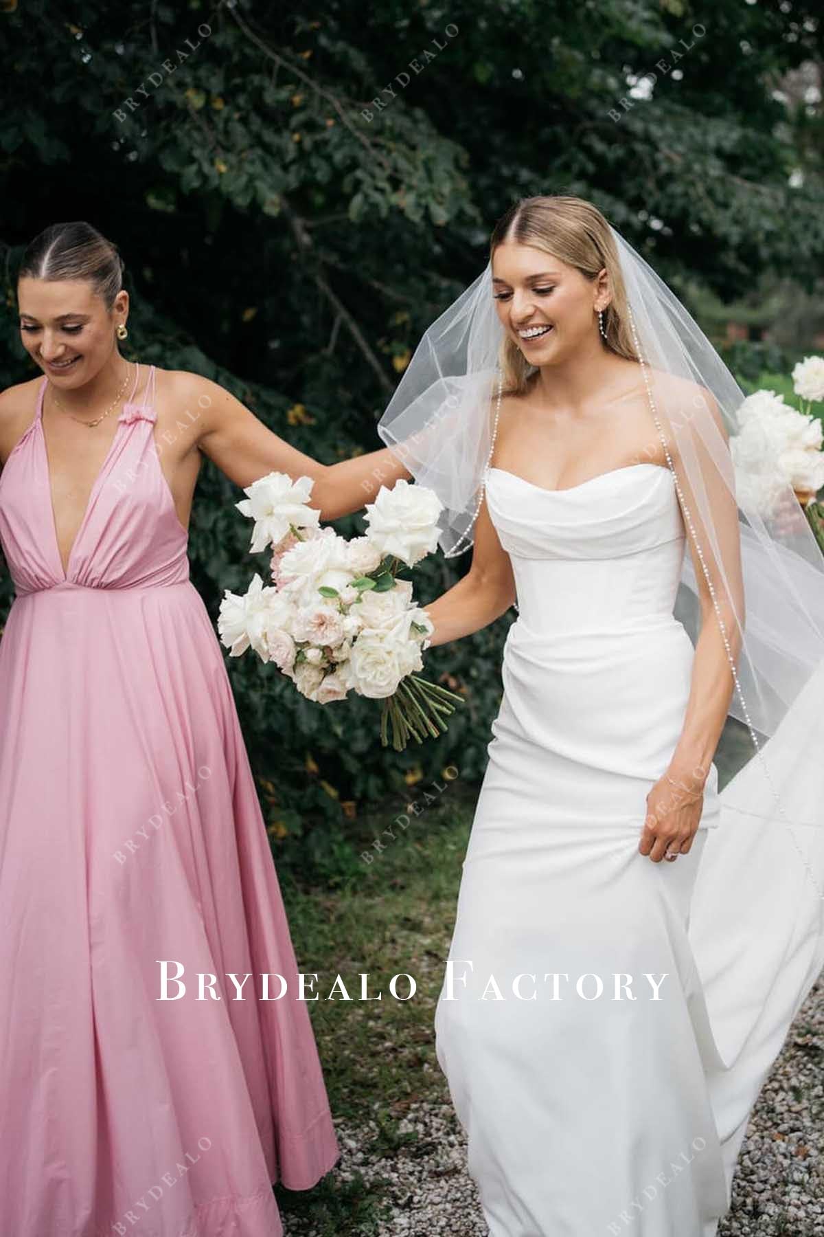 pink plunging neck bridesmaid dress