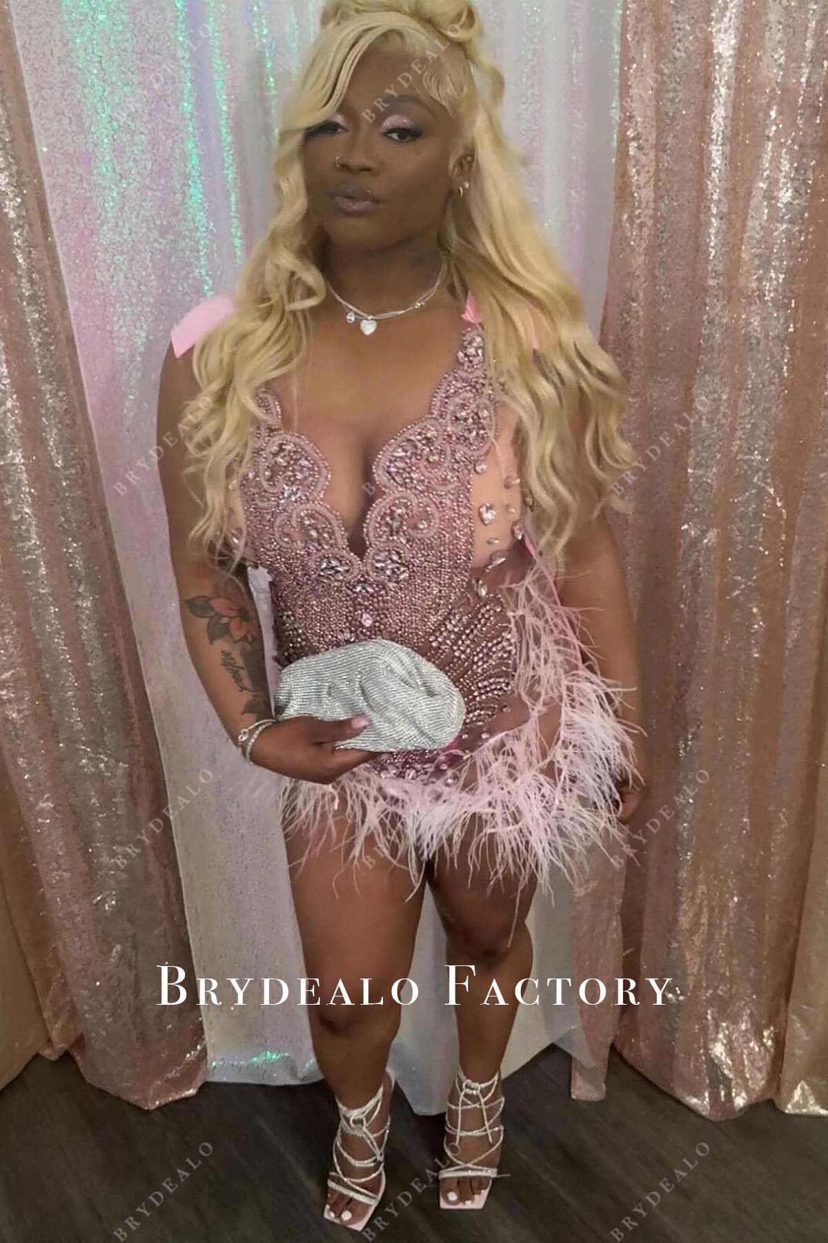 Pink Rhinestones Plunging Neck Feathered Mini Cocktail Prom Dress