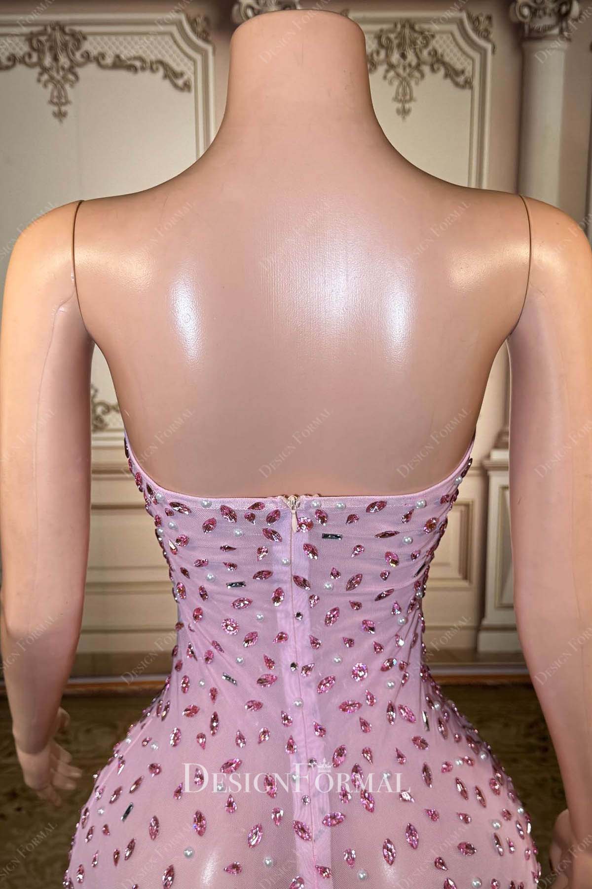 pink rhinestones open back prom dress