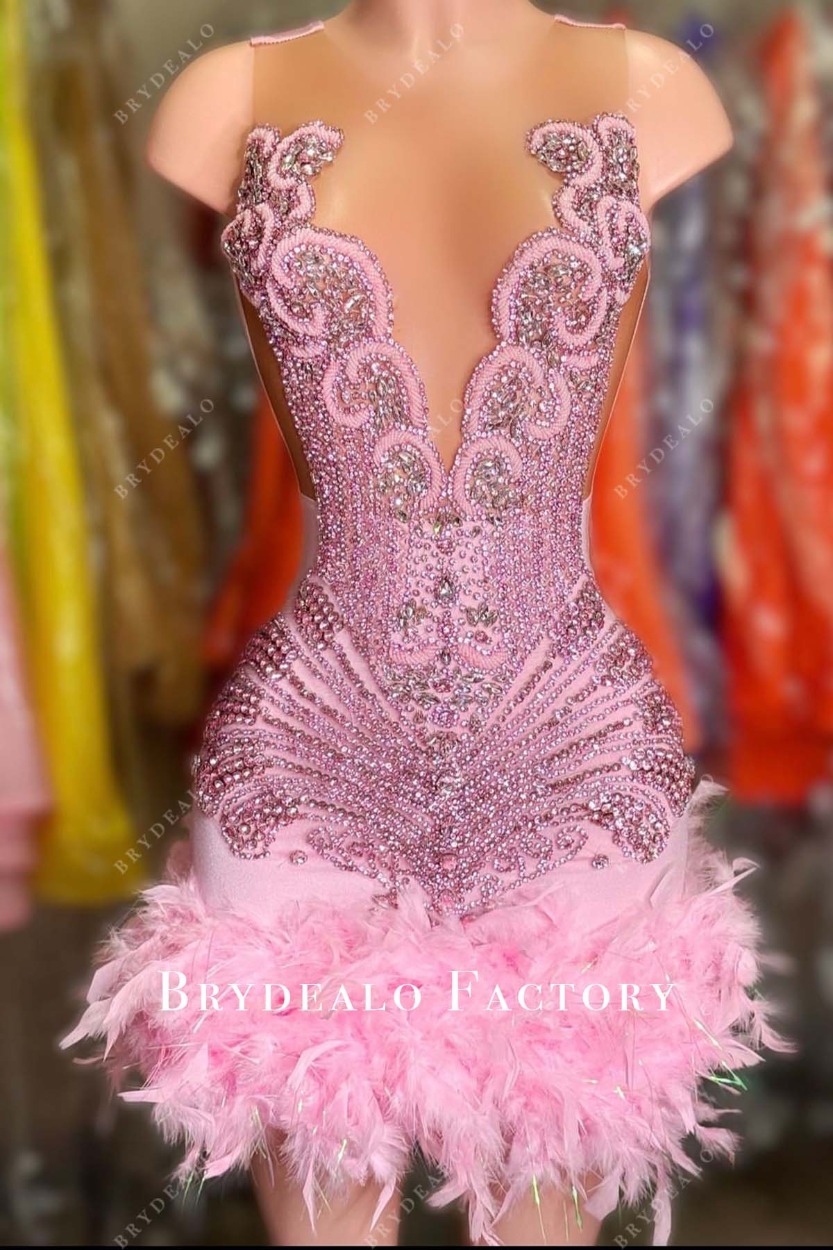 Pink Rhinestones Sleeveless Feathered Bodycon Cocktail Prom Dress.