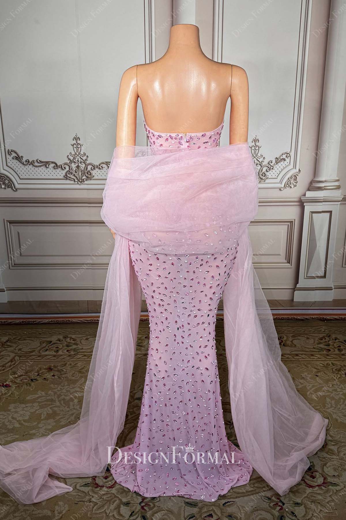 pink rhinestones sweep train prom dress
