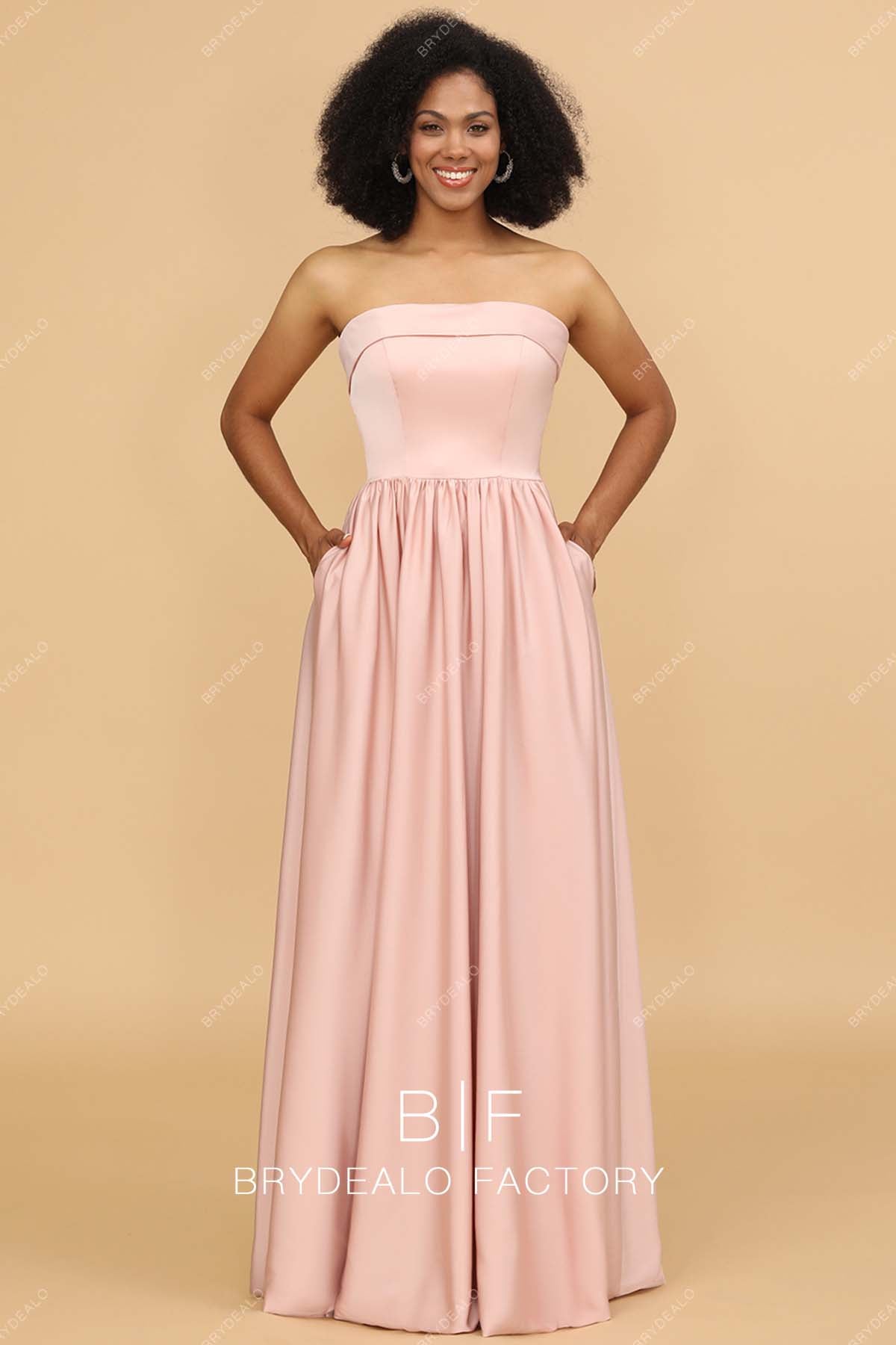 Pearl Pink Satin Strapless Modest Pockets Long Bridesmaid Evening Dress Pearl Pink Satin Strapless Modest Pockets Long Bridesmaid Evening Dress