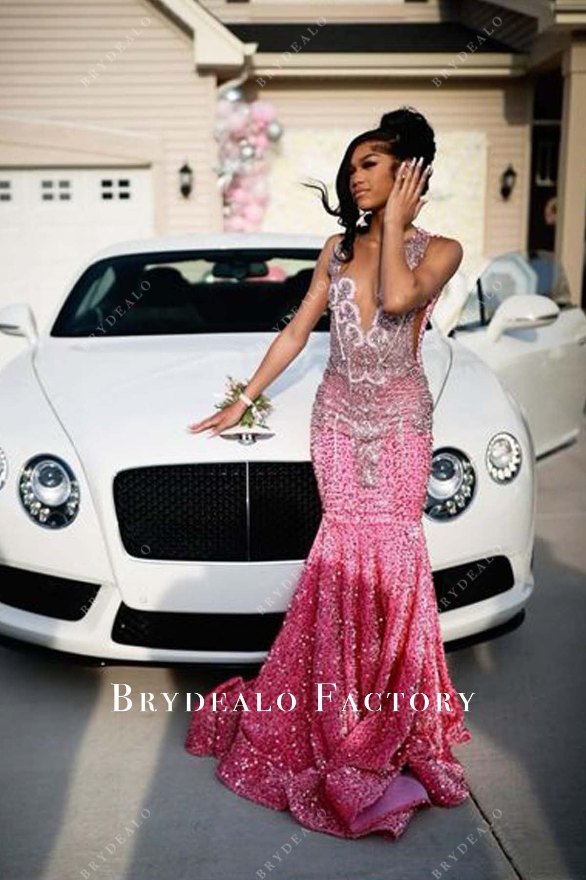 Sparkly Pink Velvet Sequin Mermaid Long Prom Formal Dress