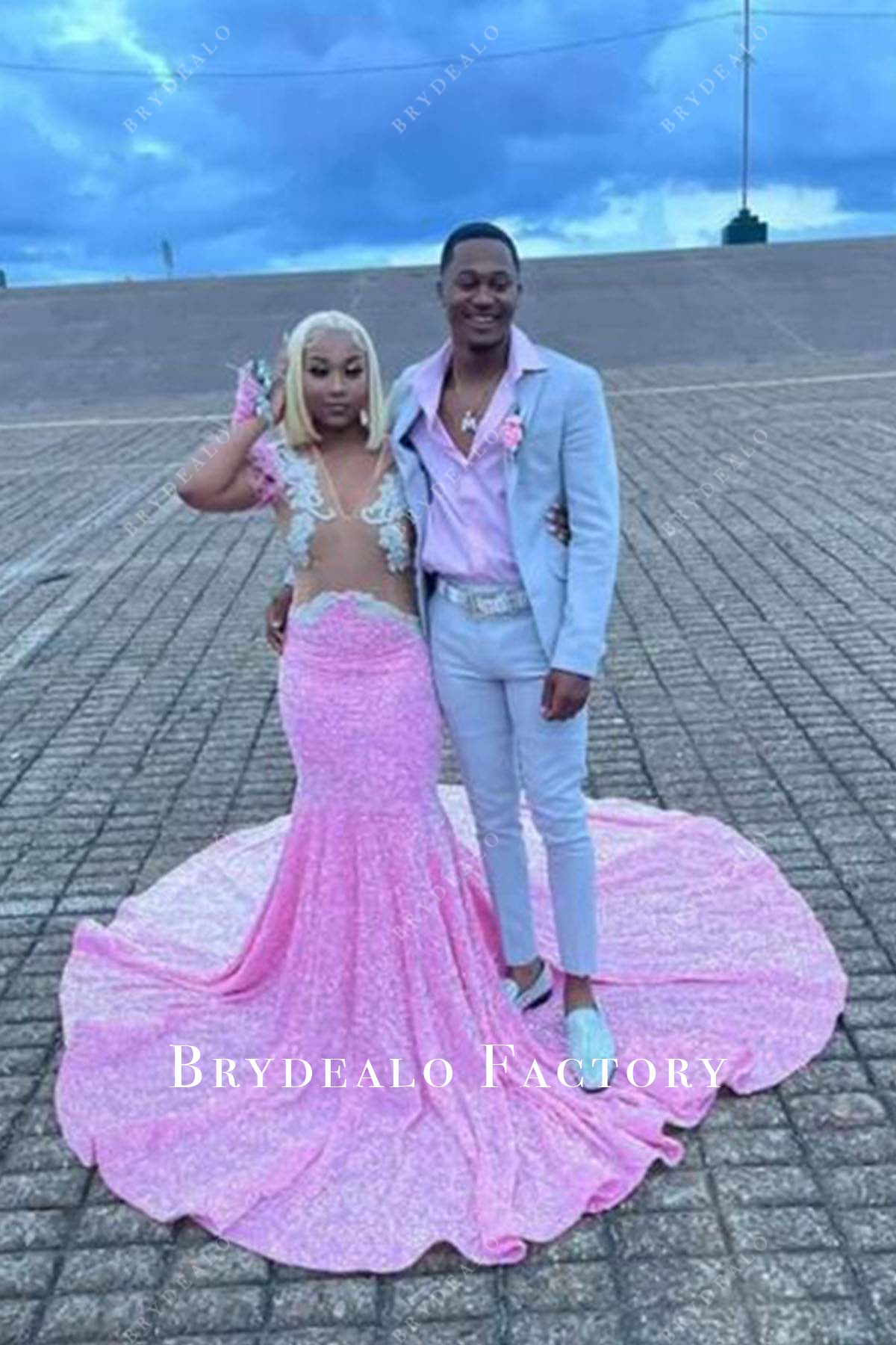 open lace back dress Sequin Pink and Yellow Long Sleeve Mermaid Prom Dresses – Dbrbridal main image 1