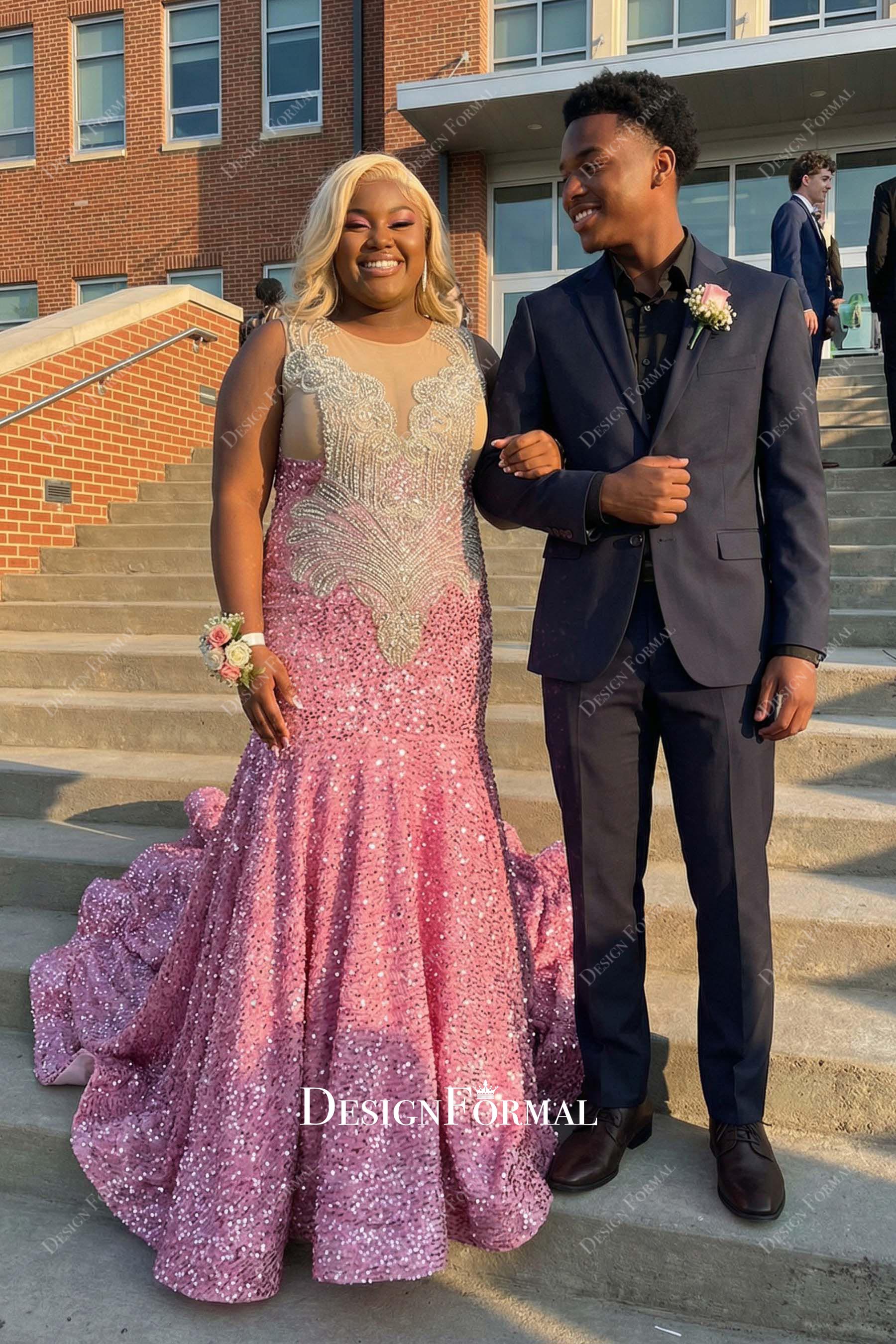 pink sequin plus size trumpet prom dress