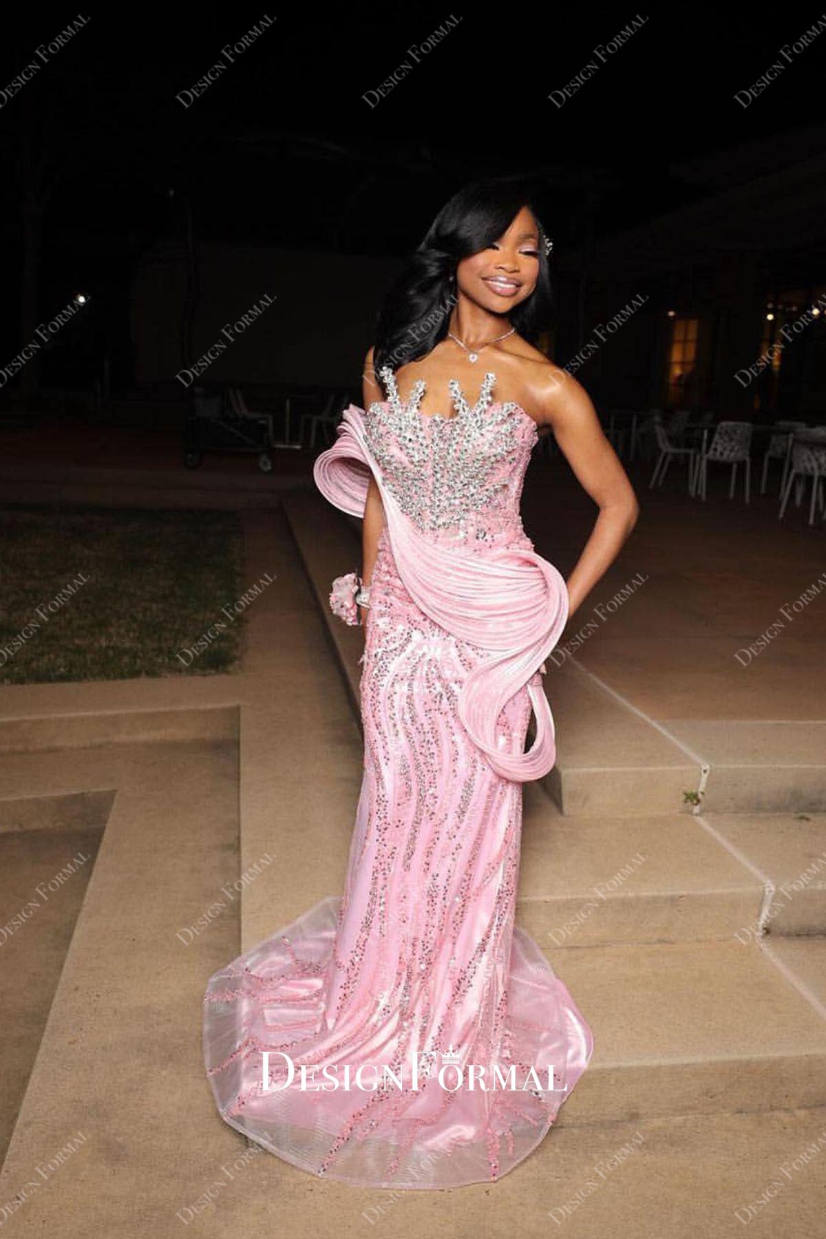pink sequin strapless prom dress