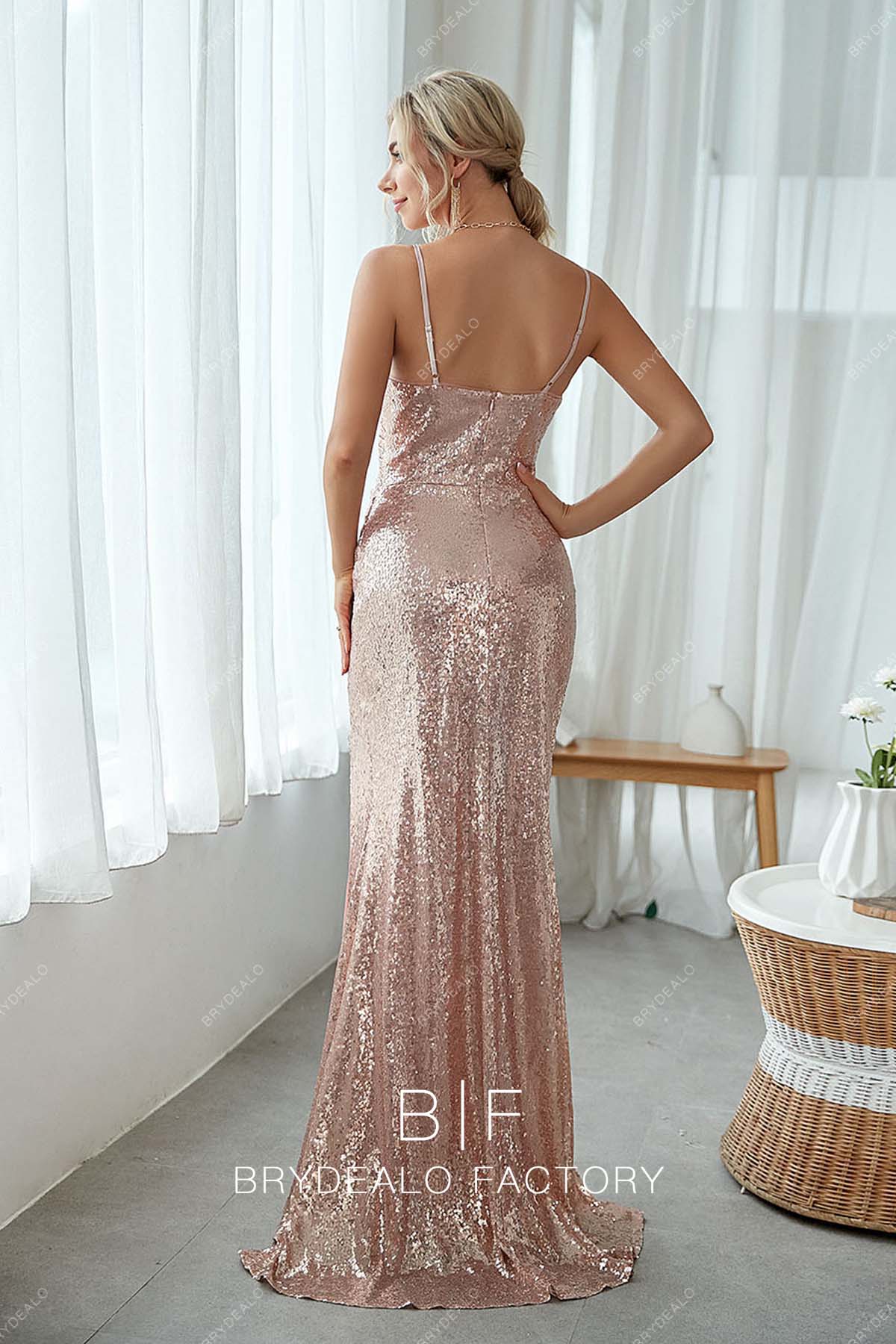 pink sequin sweep train long bridesmaid gown