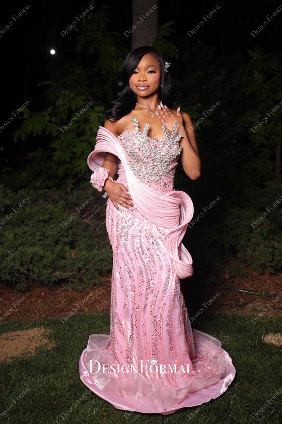 strapless open back dress Sparkly Rhinestones Sculptural Ruffled Mermaid Prom Dress