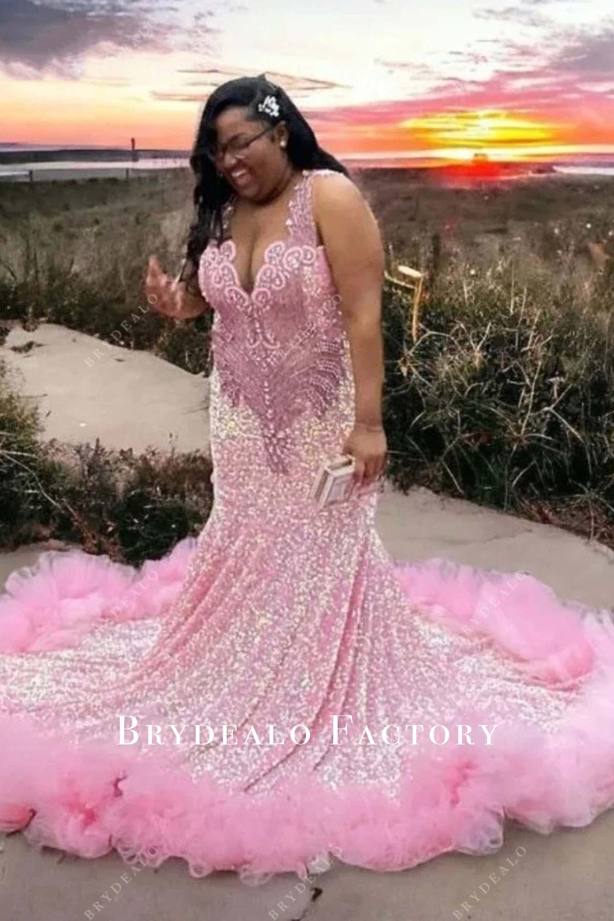 open lace back dress Plus Size Rhinestones Pink Sequin Trumpet Prom Birthday Dress