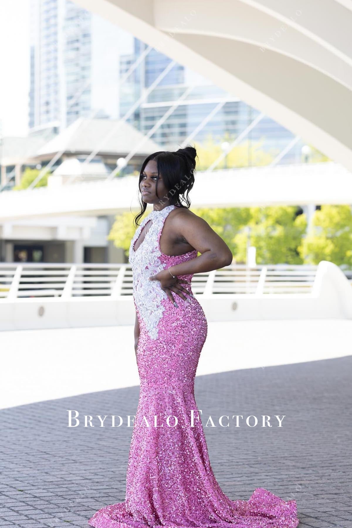 pink sequined trumpet prom dress