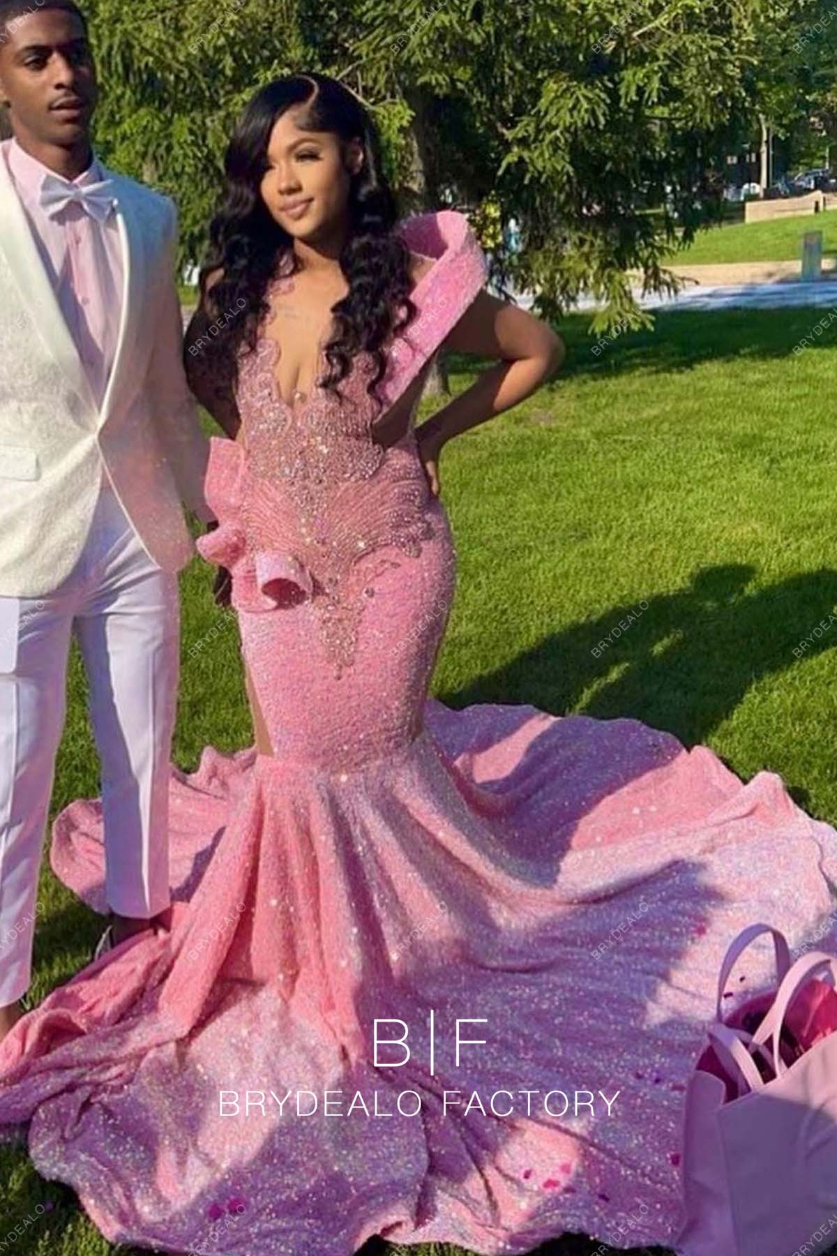 Sparkly Rhinestones Pink Sequins Mermaid Prom Dress