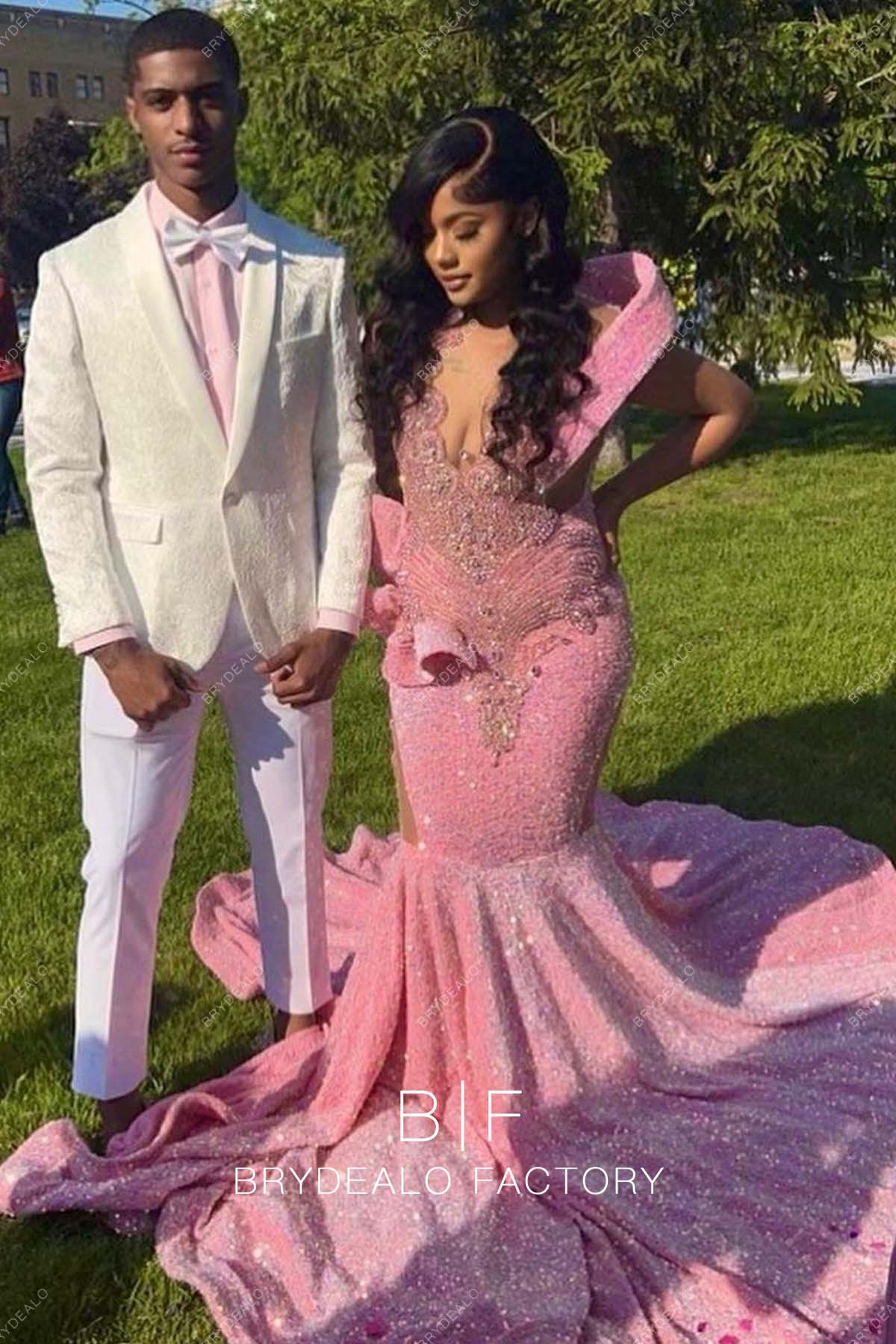 Off Shoulder Pink Sequins Mermaid Prom Dress