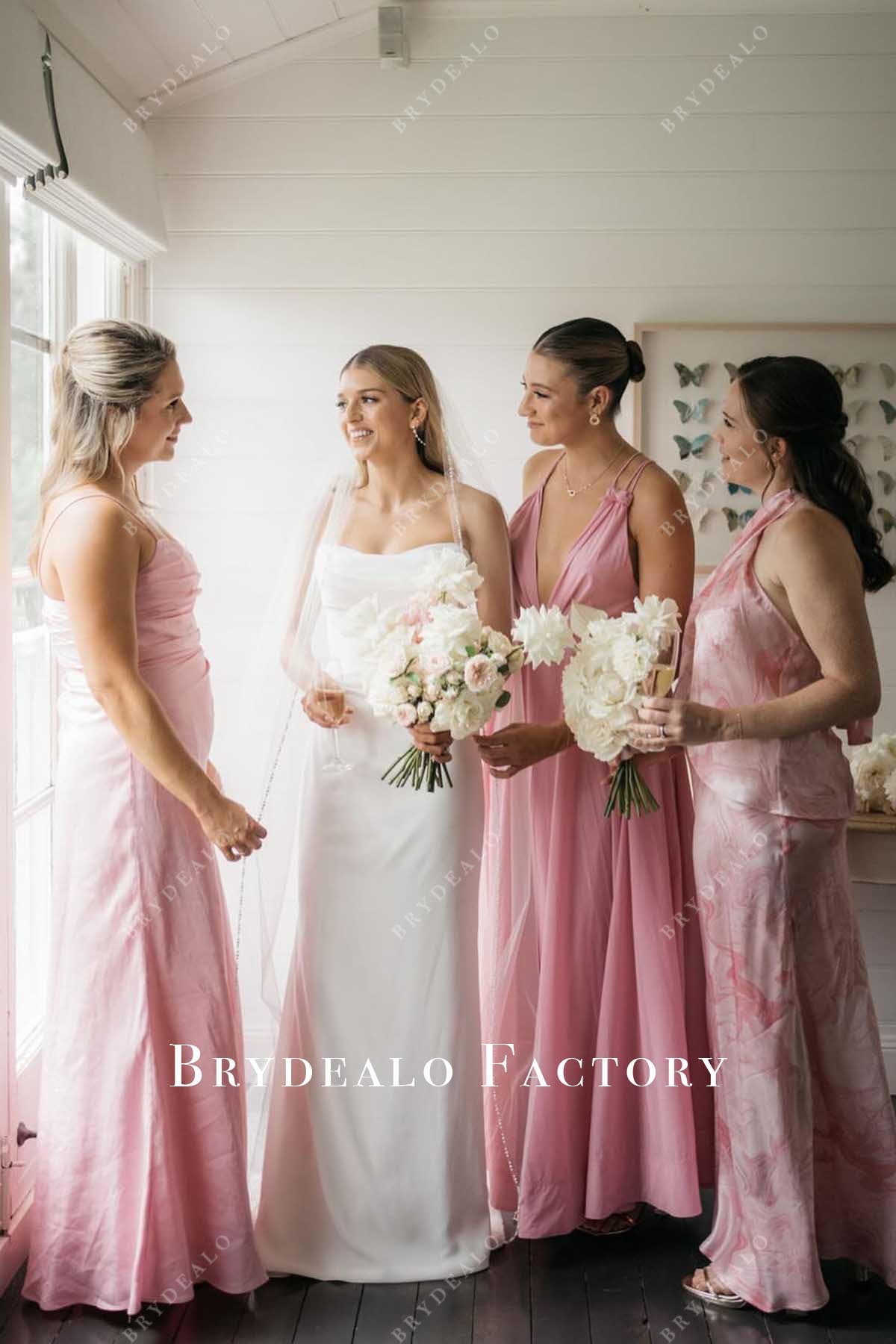 pink sleeveless mismatched bridesmaid dresses