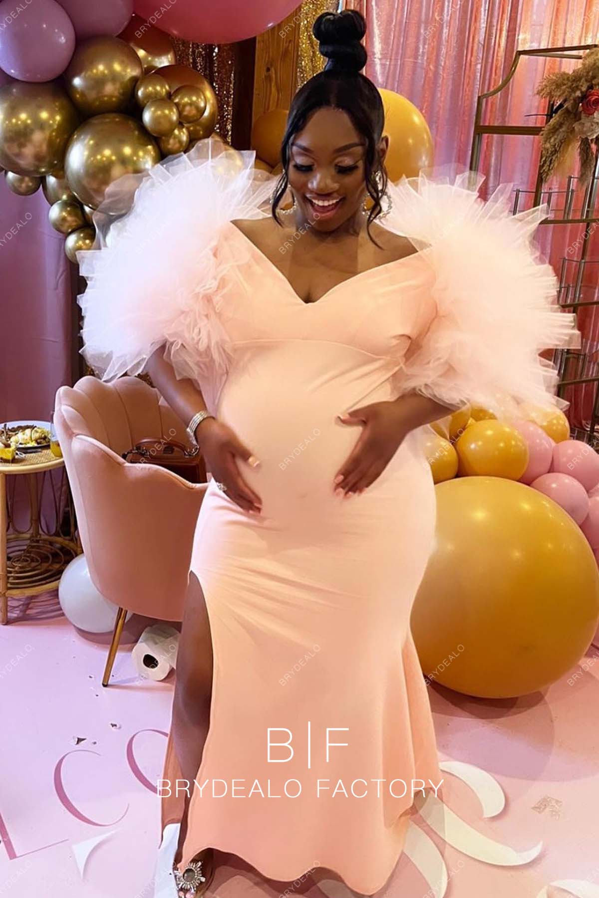 open lace back dress Pearl Pink Off-Shoulder Spandex Crepe Slit Mermaid Maternity Dress