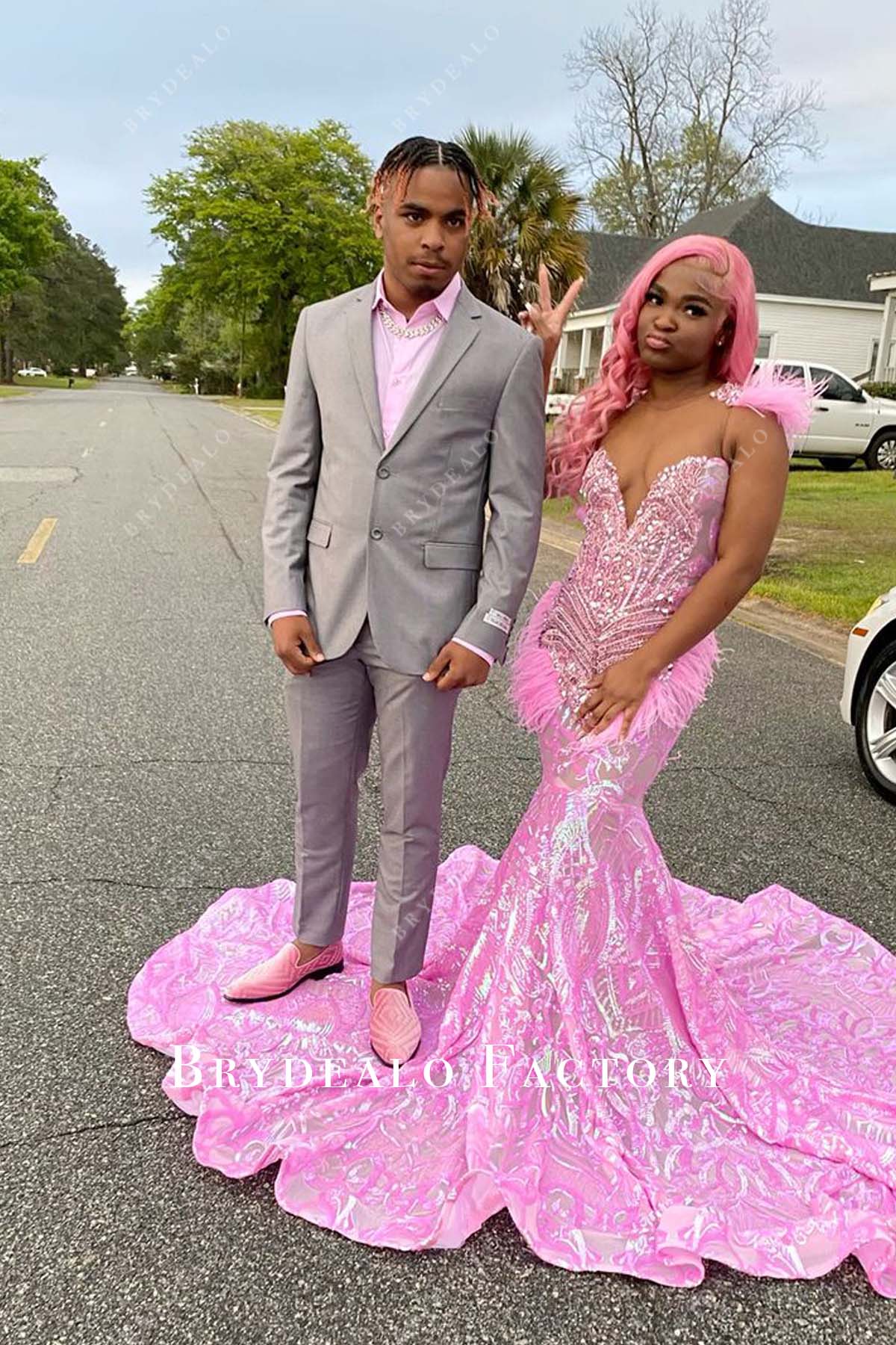 Pink Ostrich Feather Sequin Rhinestone Mermaid Formal Prom Dress