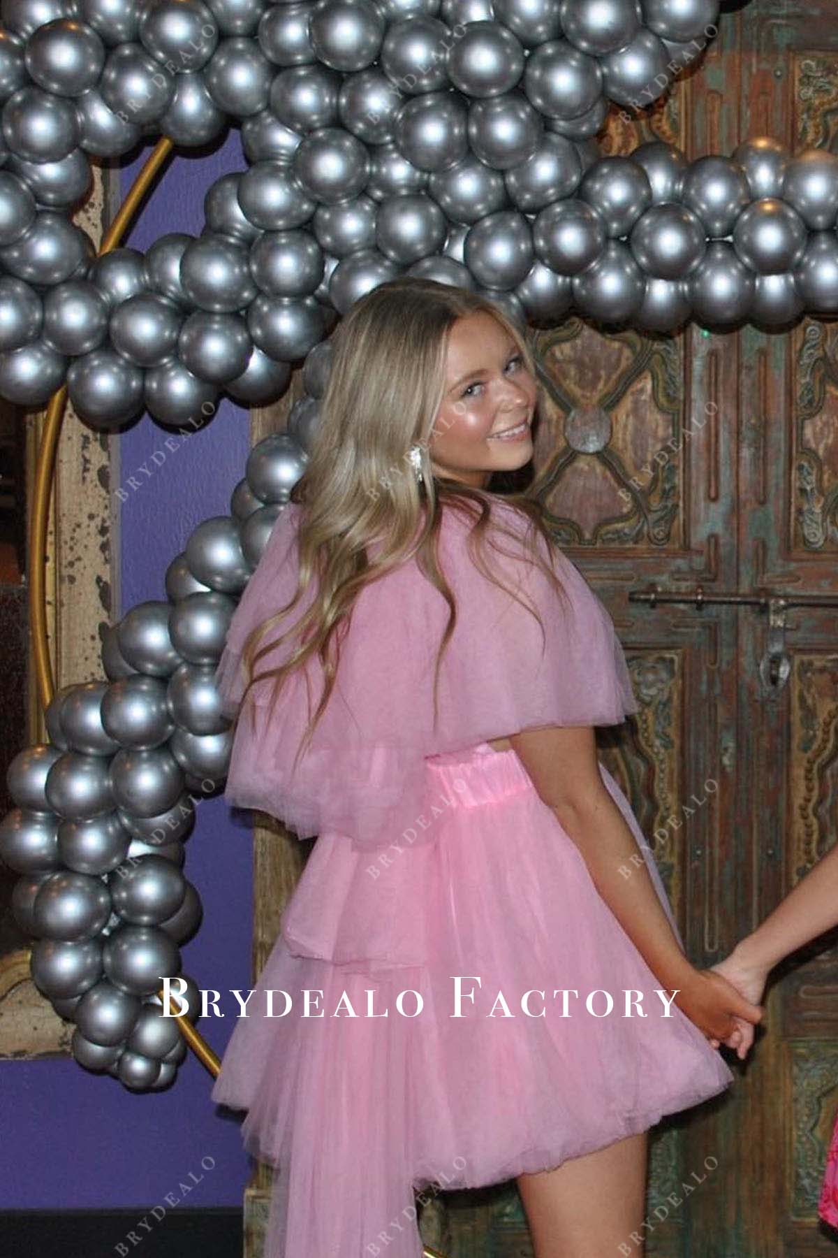 pink tulle cape short homecoming dress