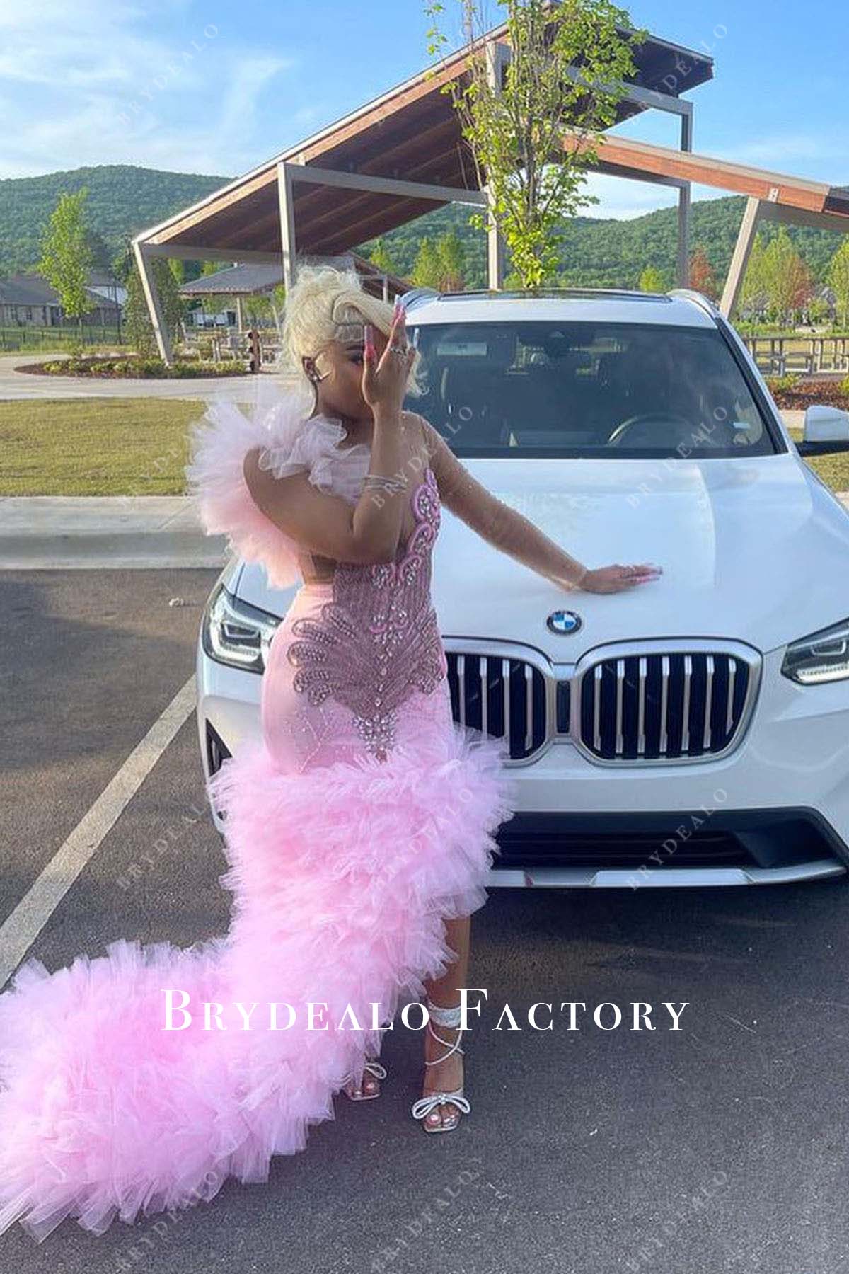 Pink Tulle One Sleeve Long Train Rhinestones Slit Prom Dress Pink Tulle One Sleeve Long Train Rhinestones Slit Prom Dress