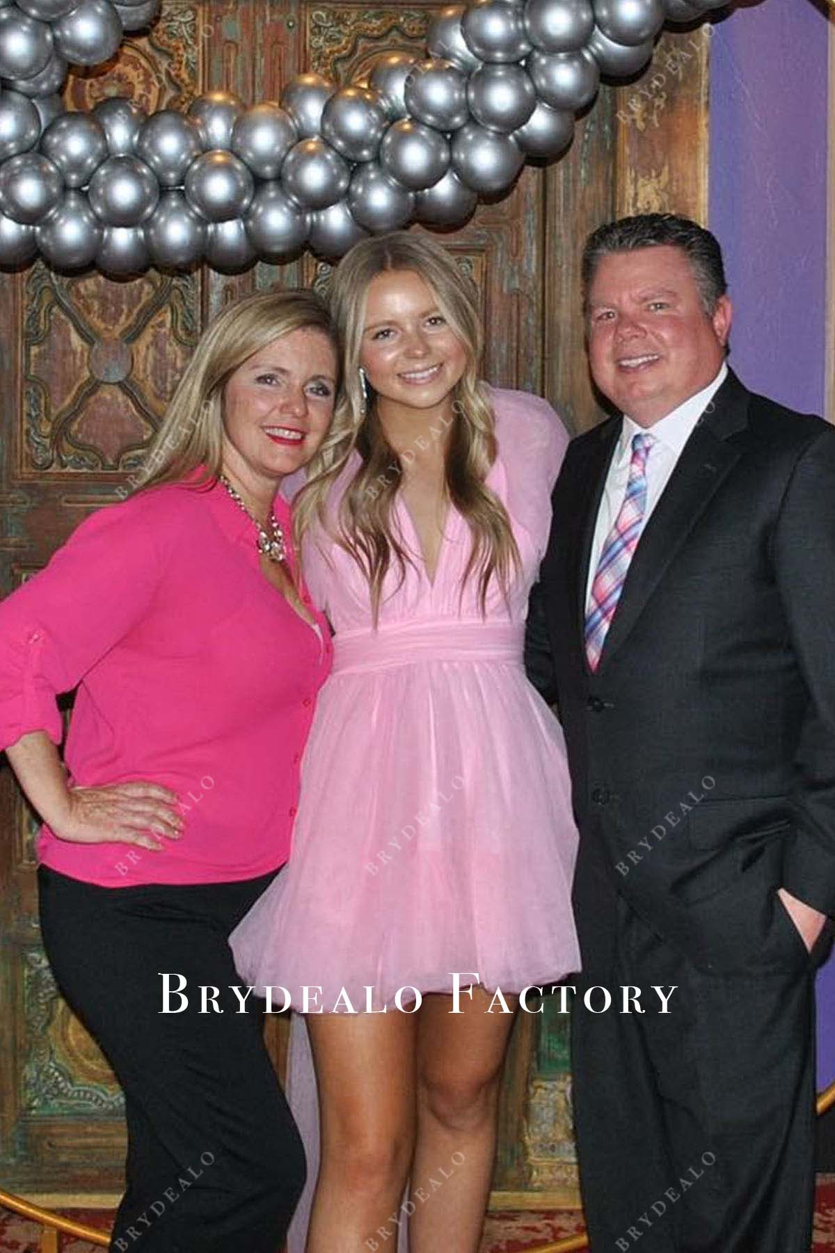 pink tulle v neck short homecoming dress