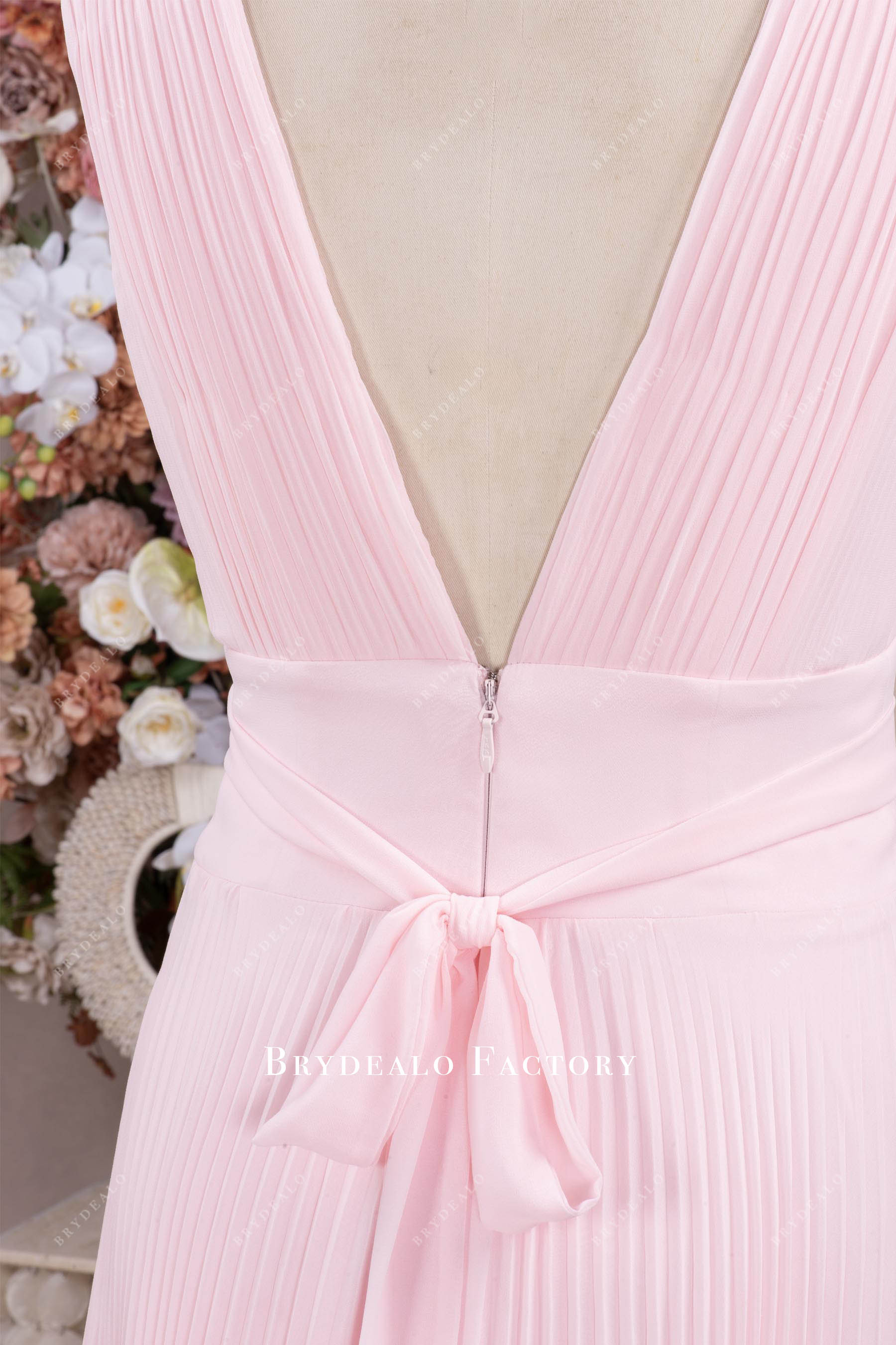 pleated V-back bow sash bridesmaid dress