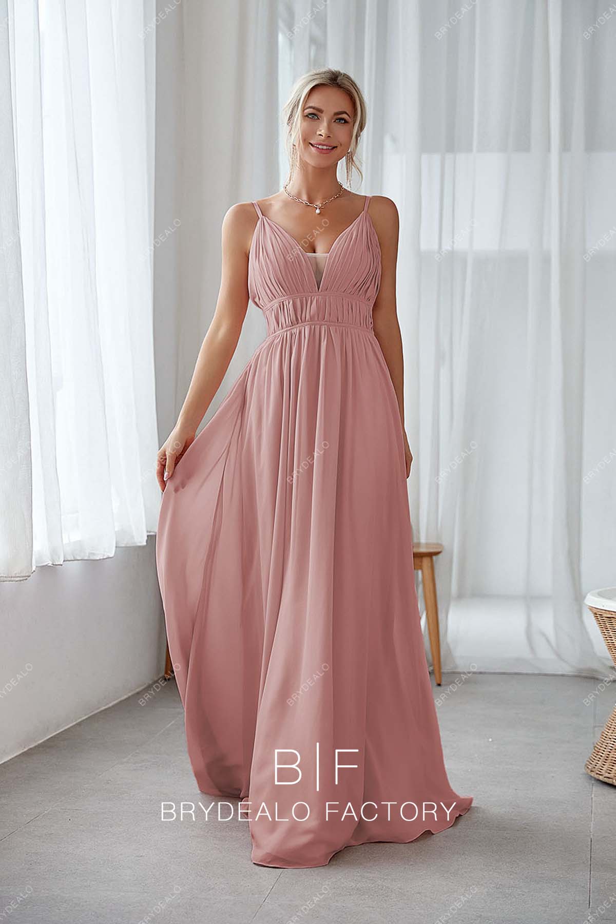 pleated chiffon plunging neck long chiffon formal dress
