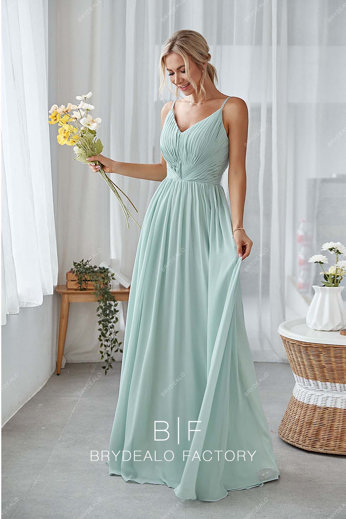 pleated chiffon thin straps A-line formal gown