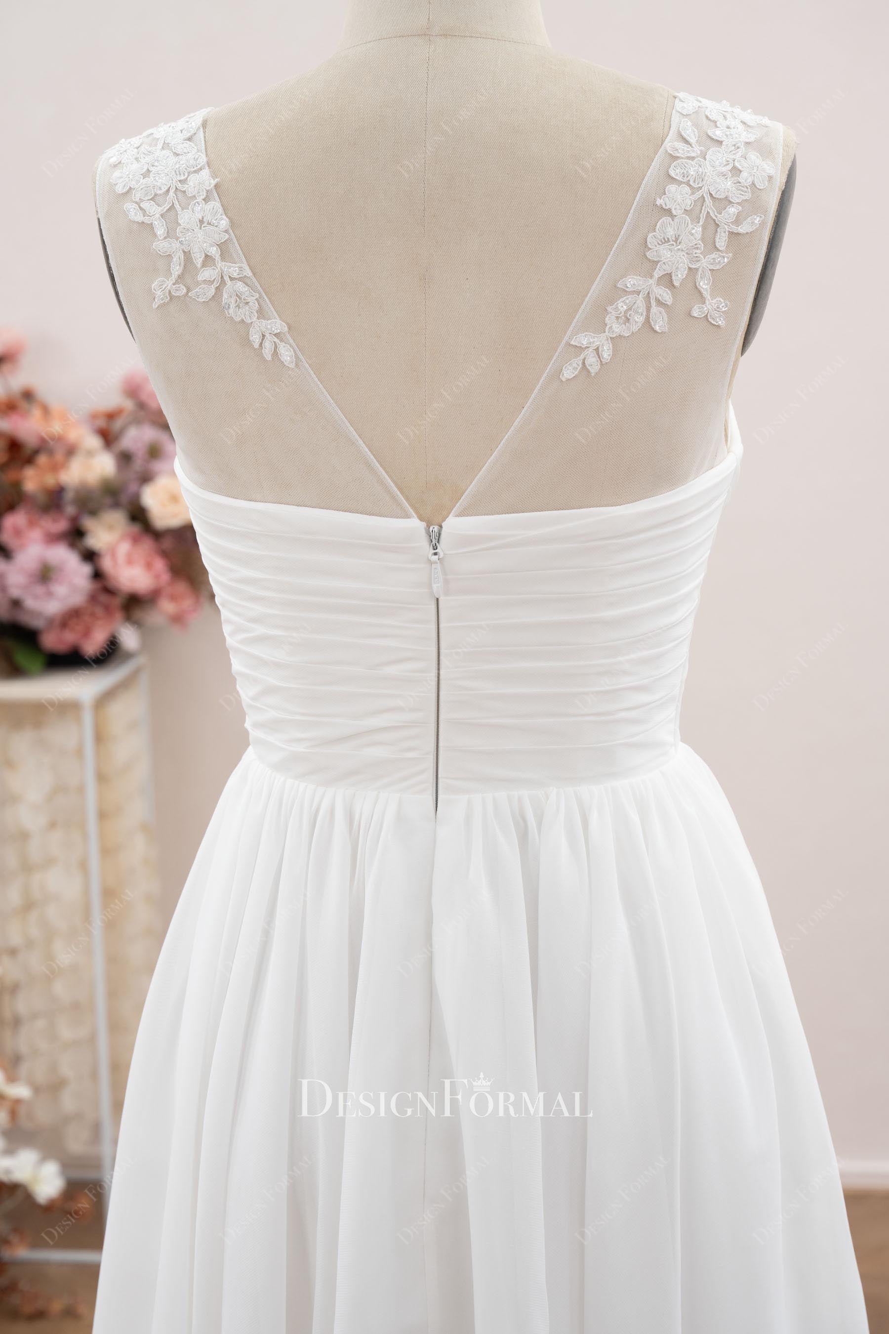 pleated chiffon v back wedding dress