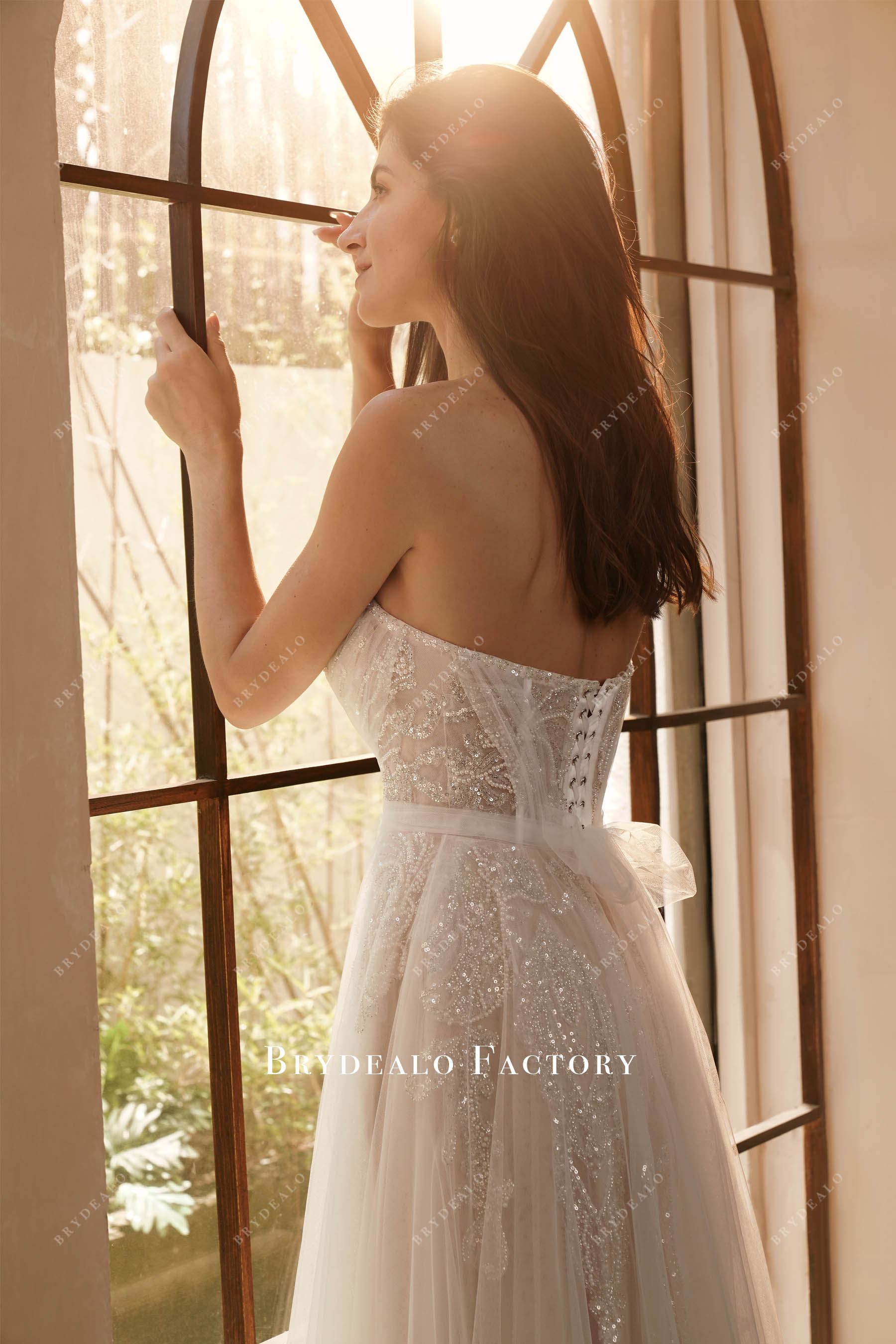 Sparkly Beading Strapless Nude Beige A-line Bridal Dress