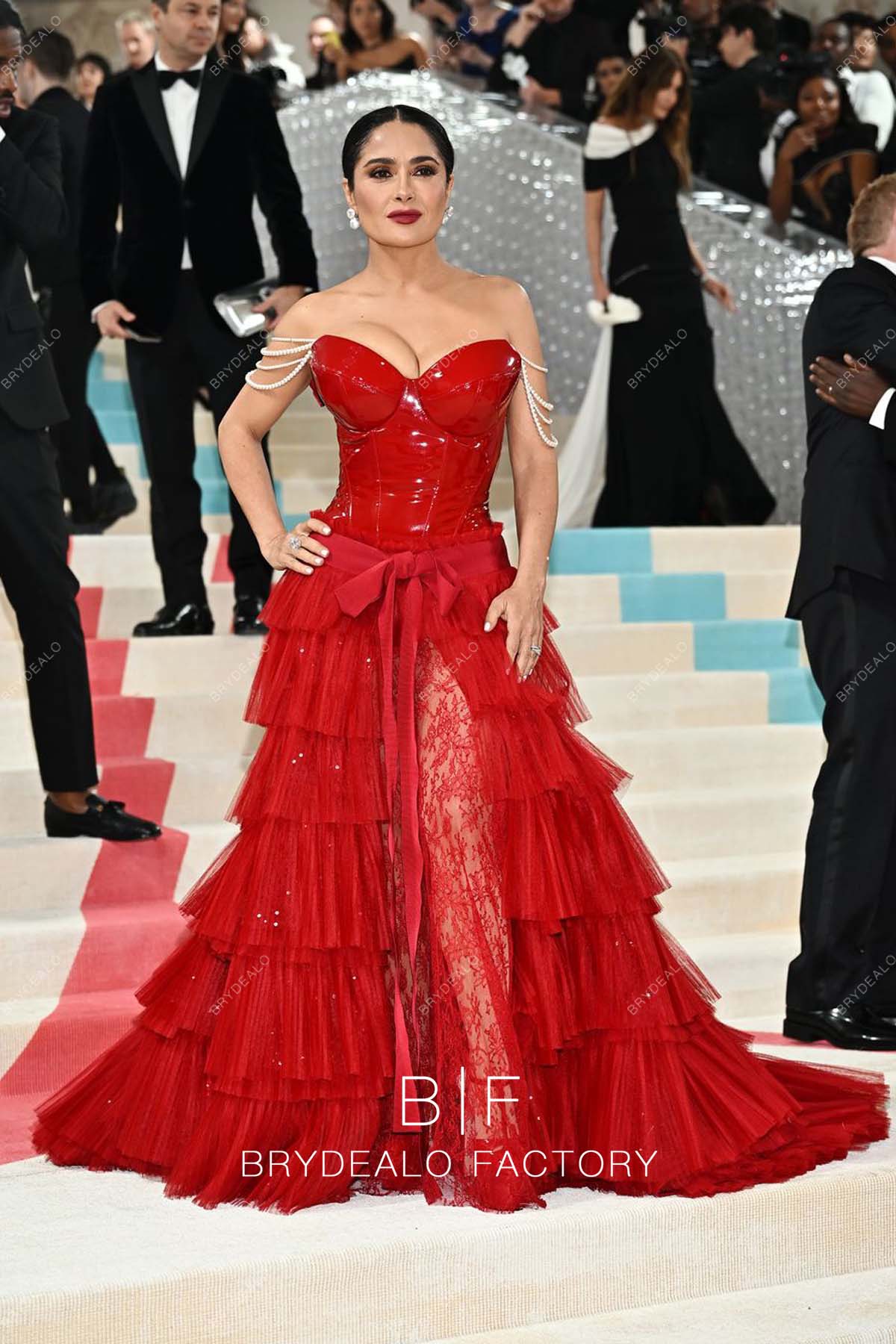 Salma Hayek 2023 Met Gala Red Corset Strapless Ruffled Dress