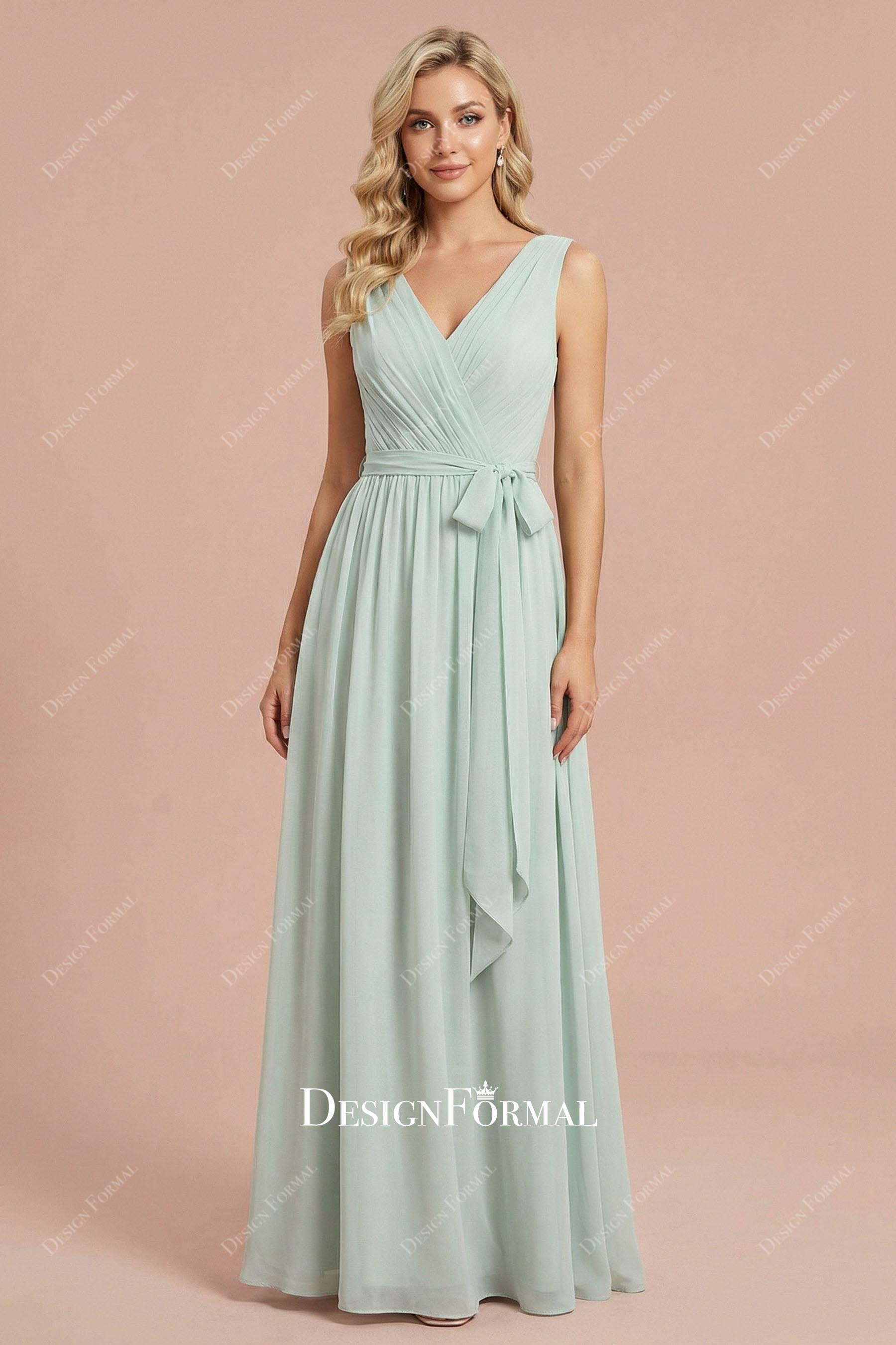 pleated straps flowing chiffon bridesmaid dress