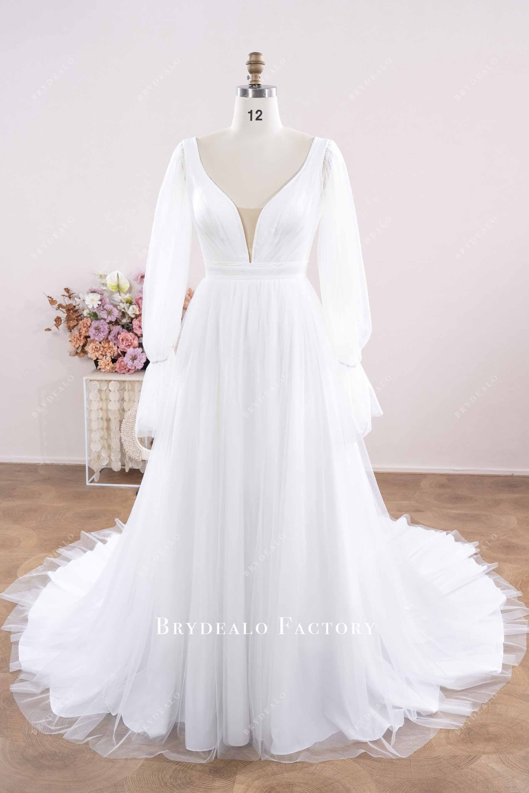 pleated tulle a line wedding dress