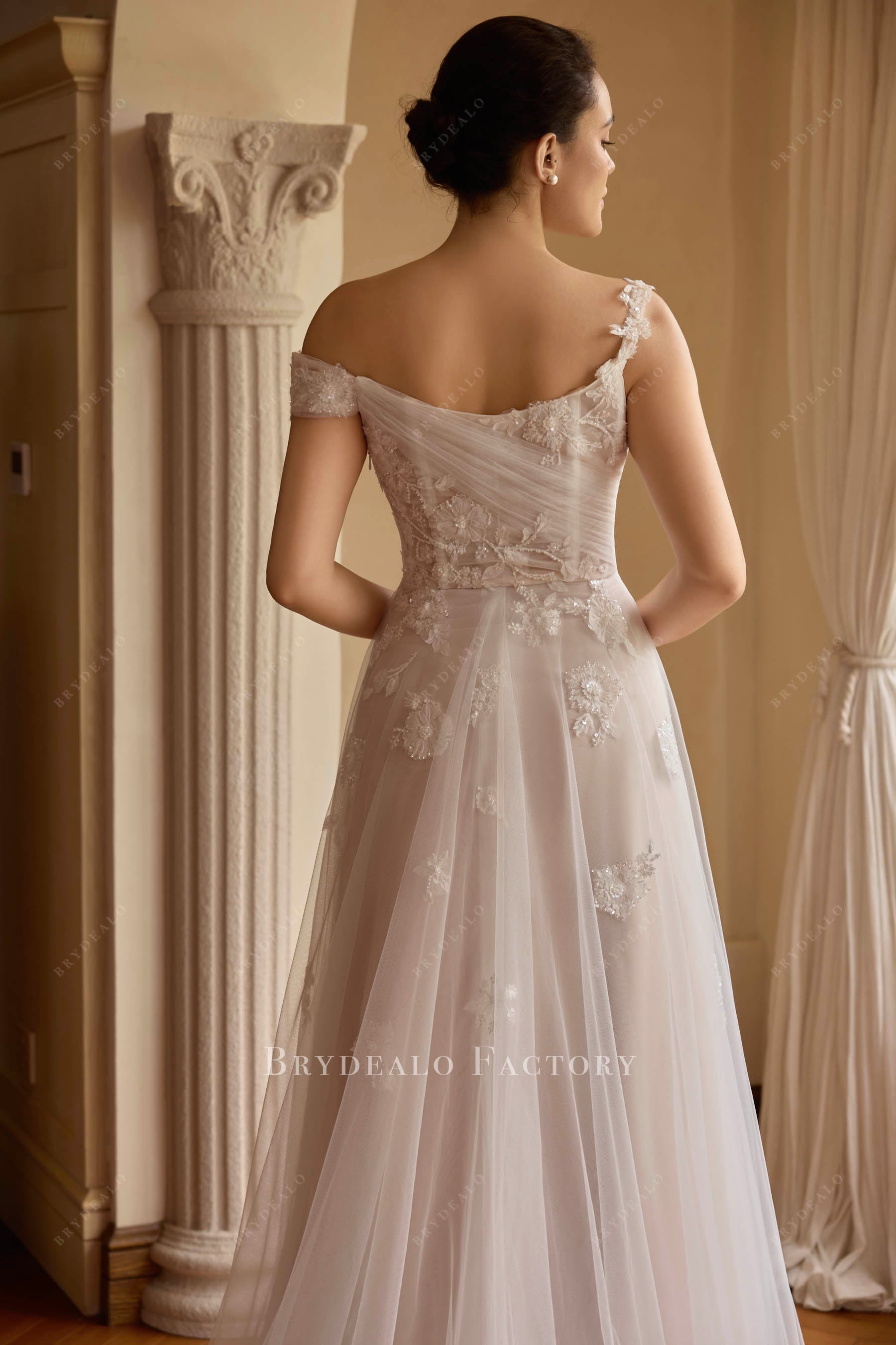 pleated tulle lace straps wedding dress