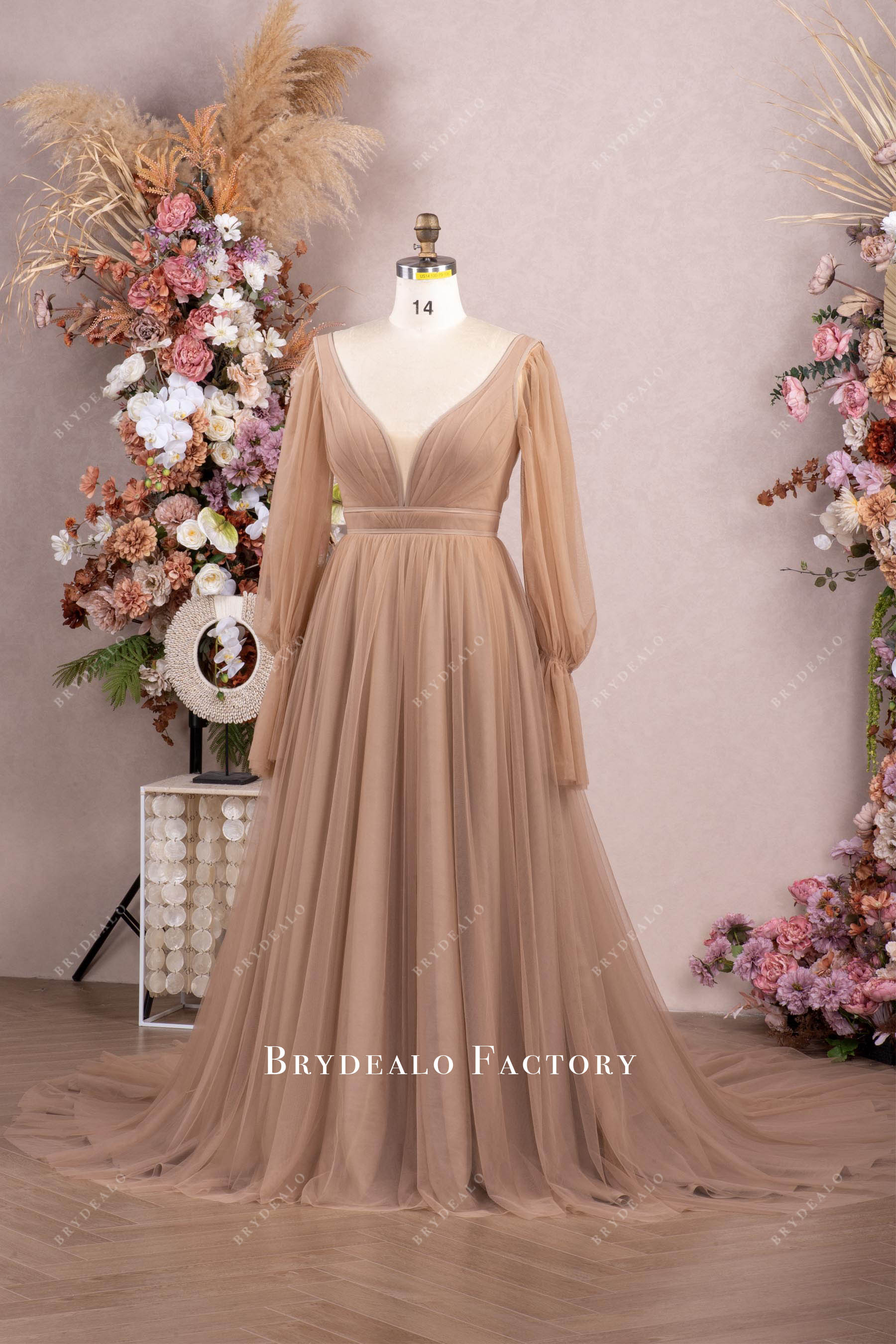 pleated tulle plunging wedding dress