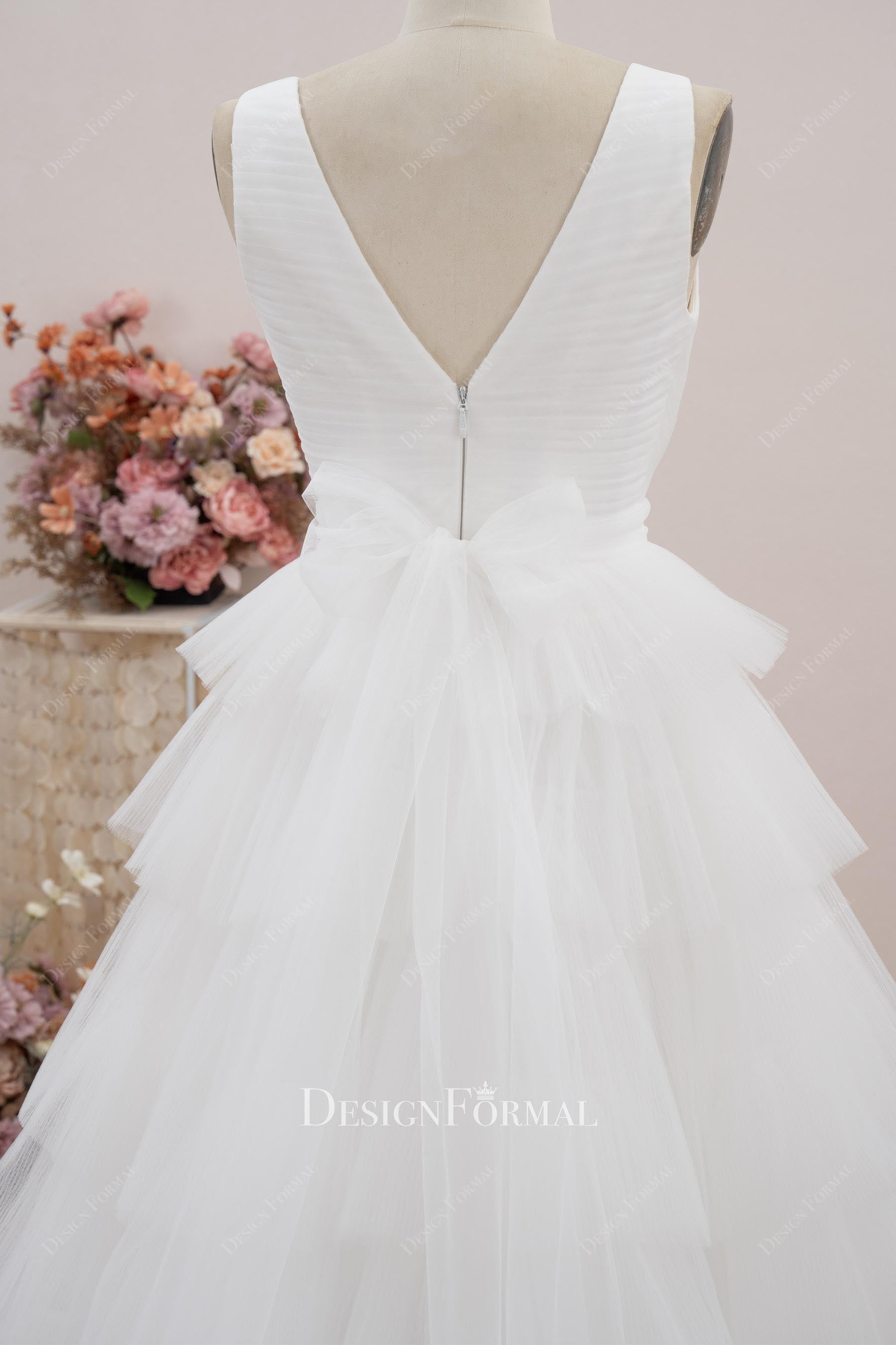 pleated tulle v back wedding dress