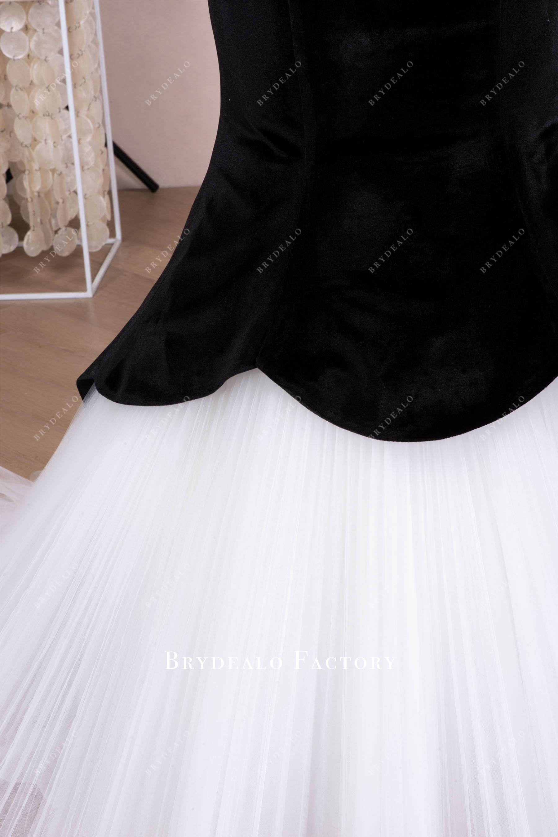 pleated white tulle flare bridal dress