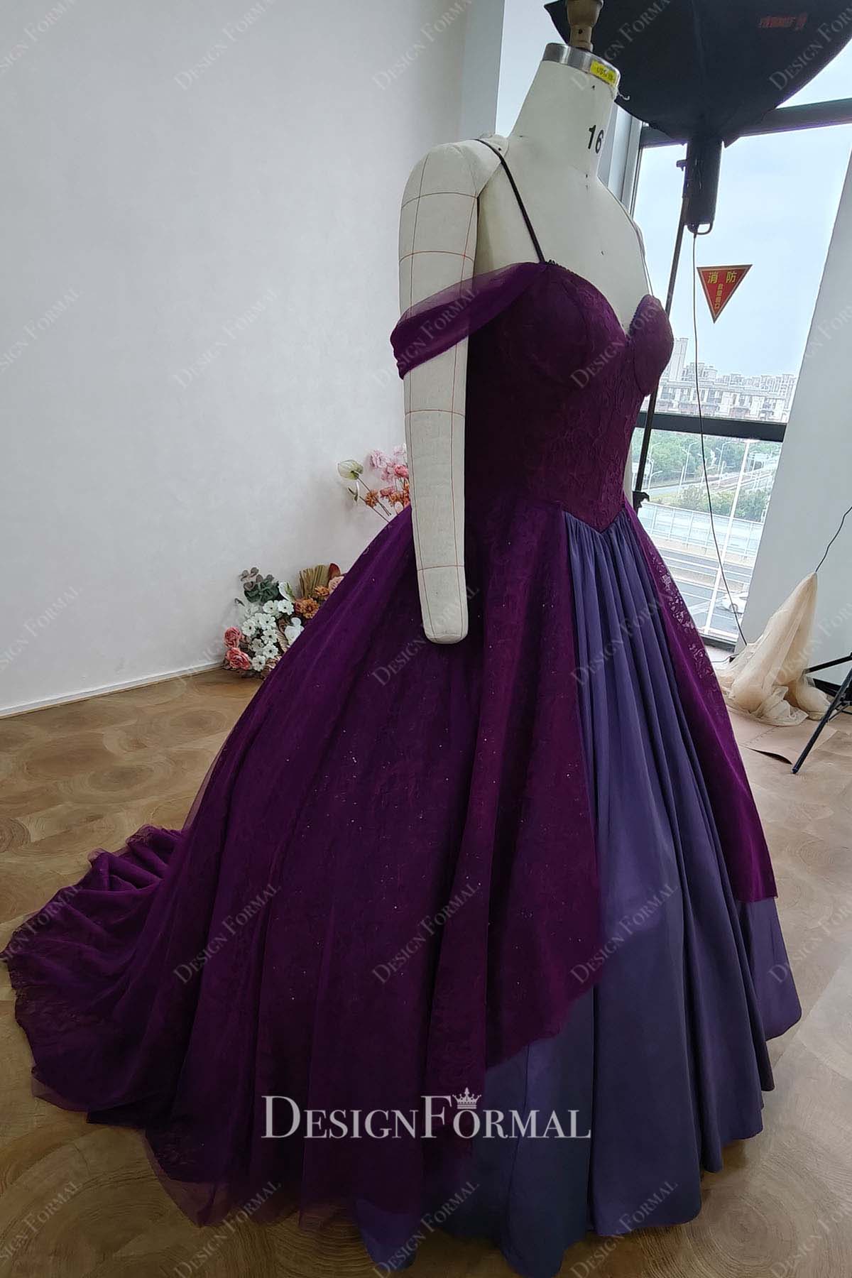 plum lace taffeta prom ballgown