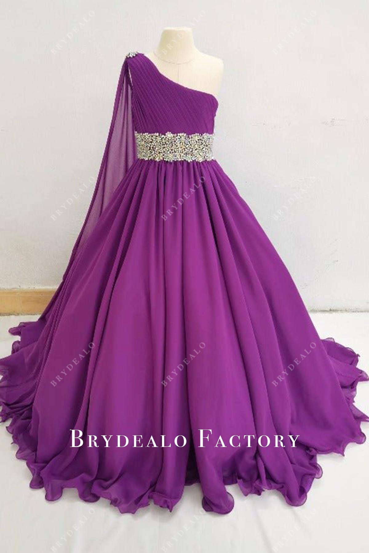 plum one shoulder pageant dress