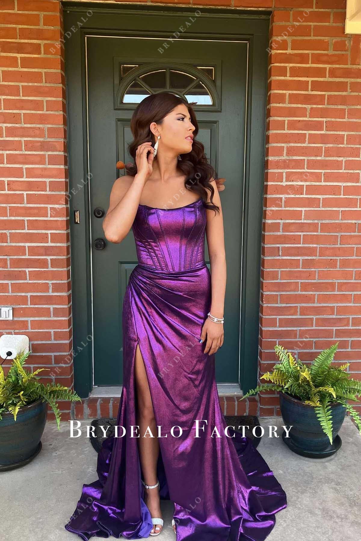 plum strapless long train mermaid prom dress