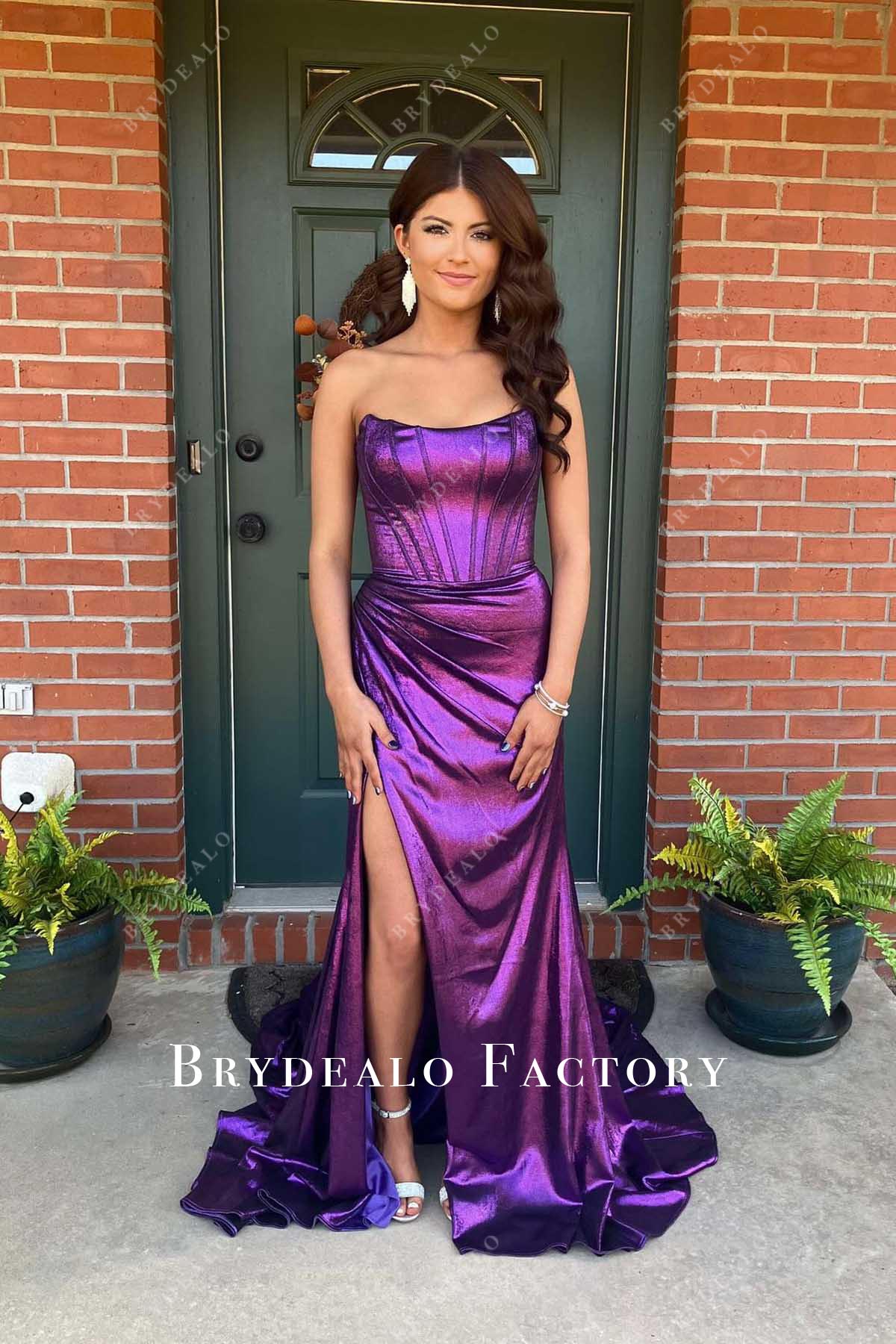 plum strapless mermaid prom dress