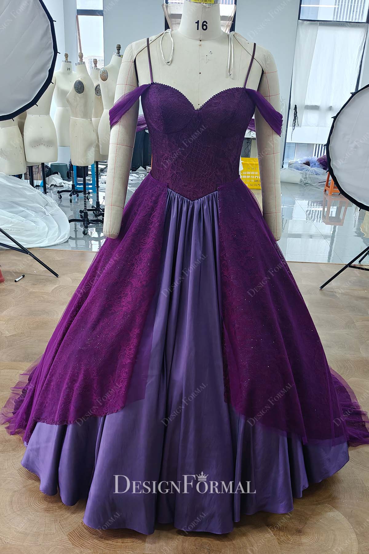 plum velvet off the shoulder prom ballgown