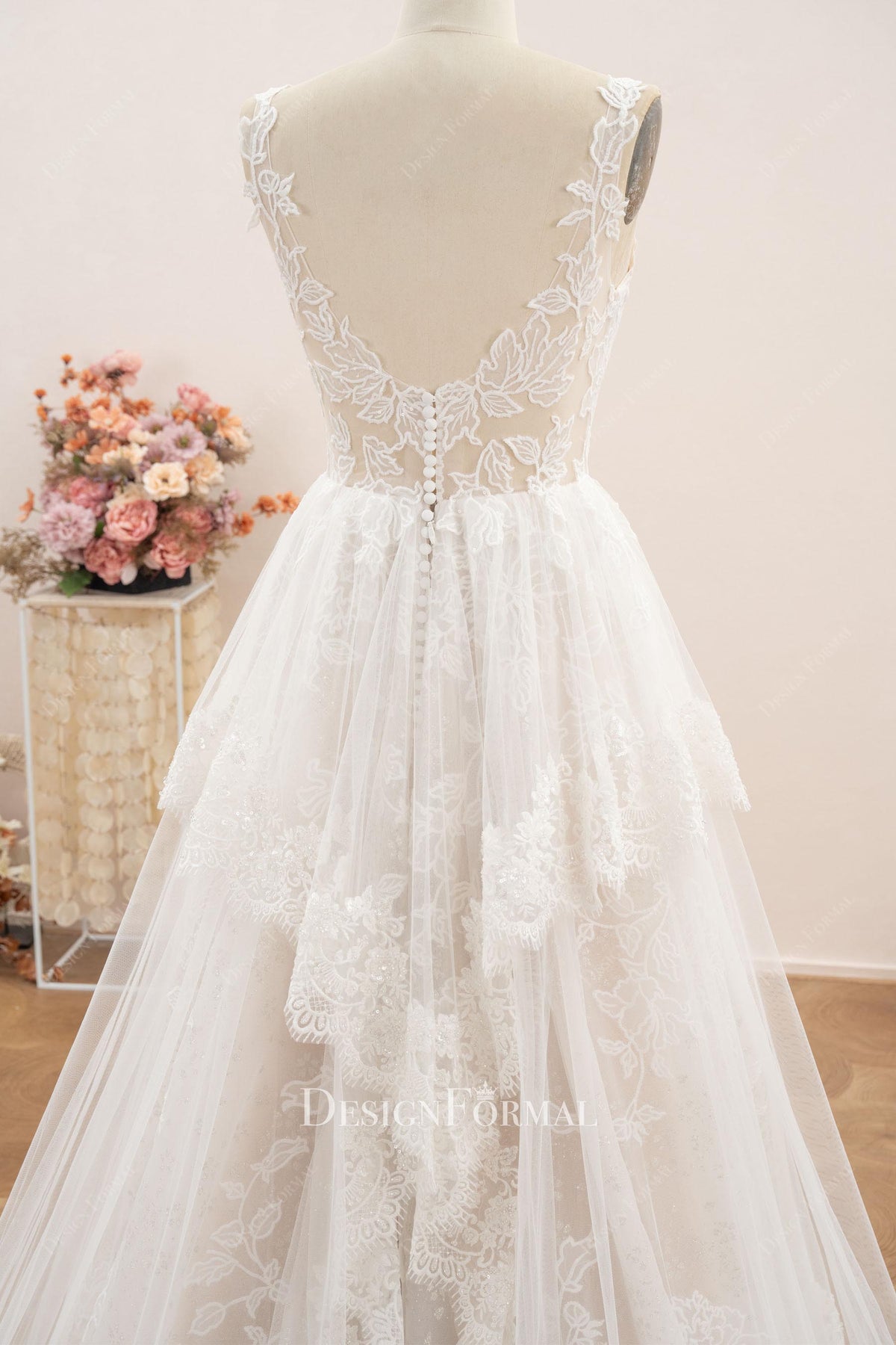 plump scalloped lace v back wedding dress
