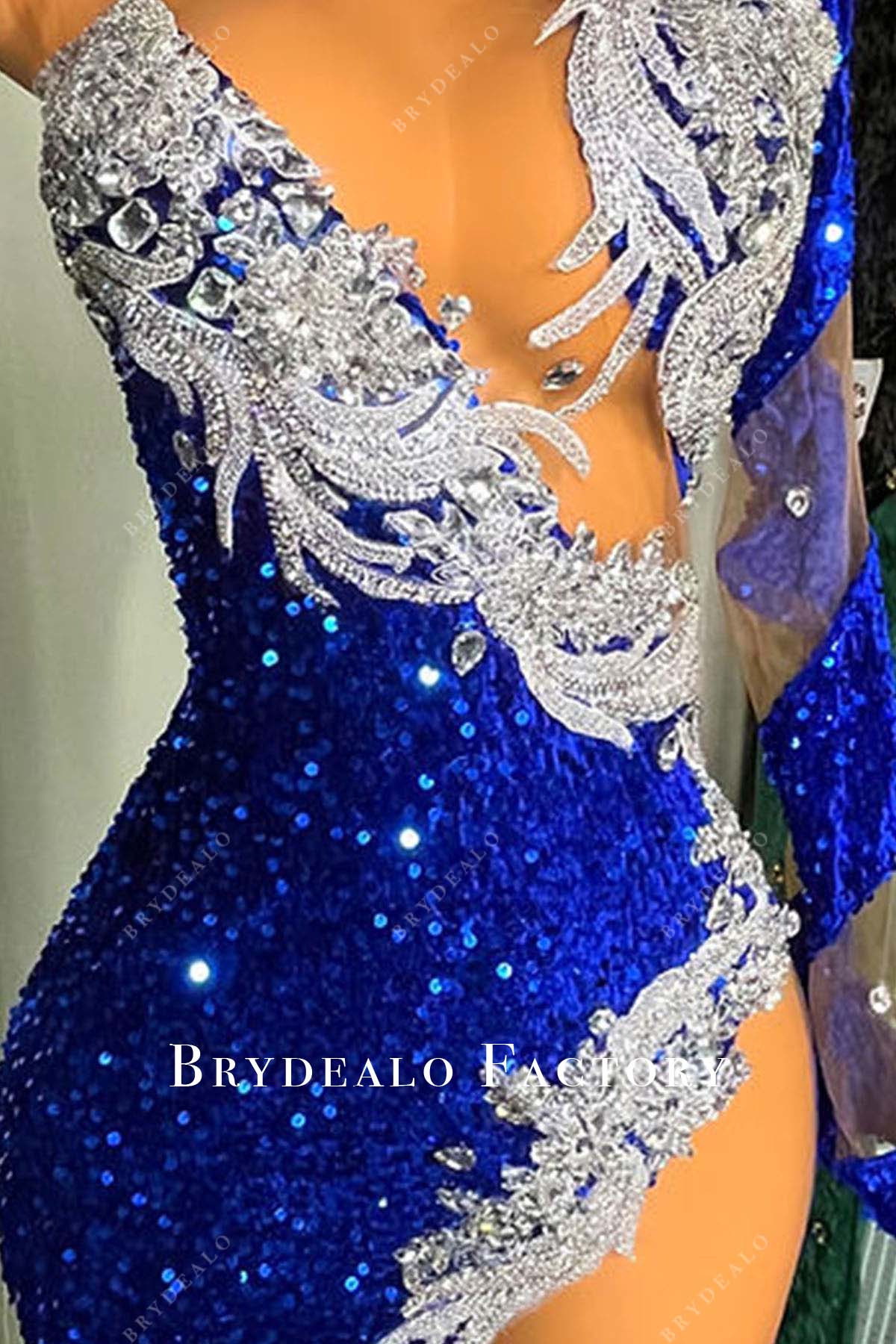 plunging neck blue cutout prom dress