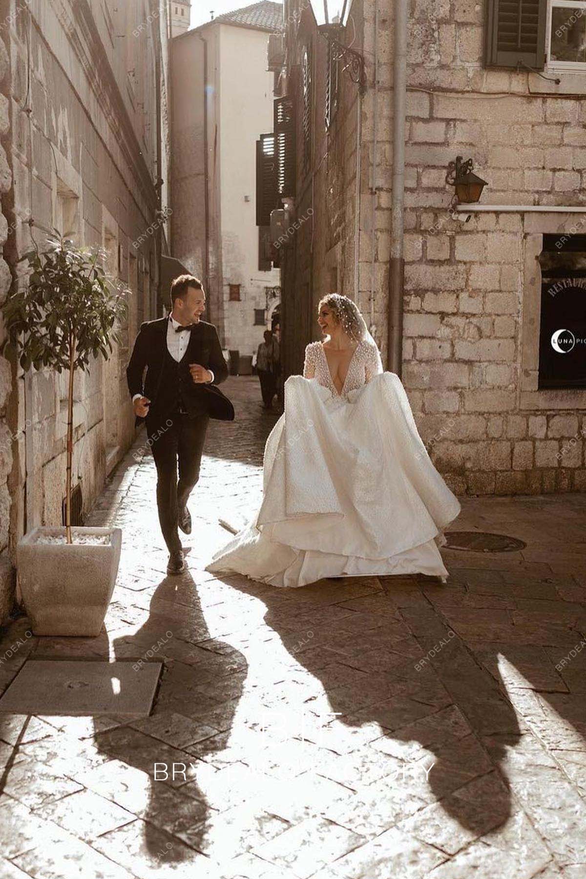 Plunging Neck Long Sleeve Custom Ball Gown Wedding Dress