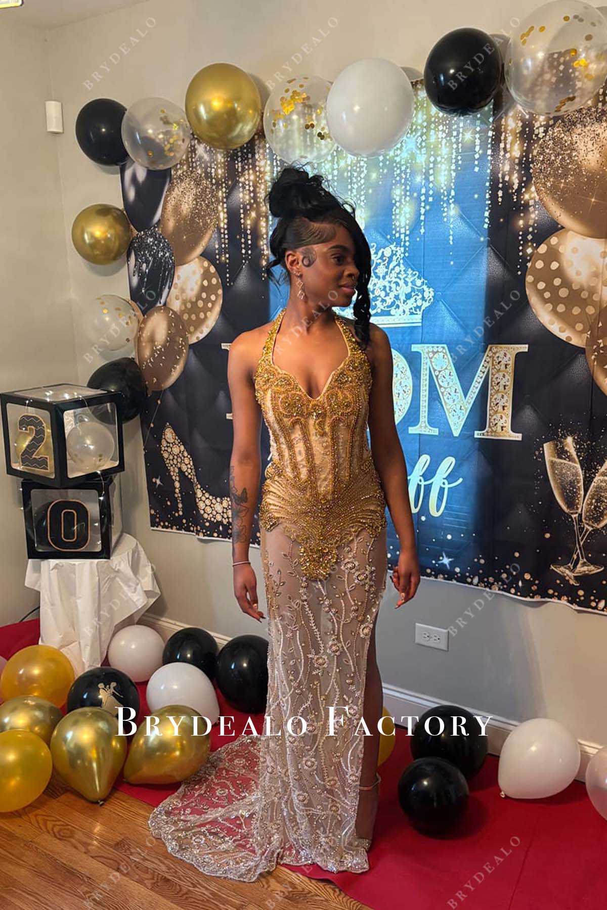 plunging neck gold rhinestone beaded prom dress