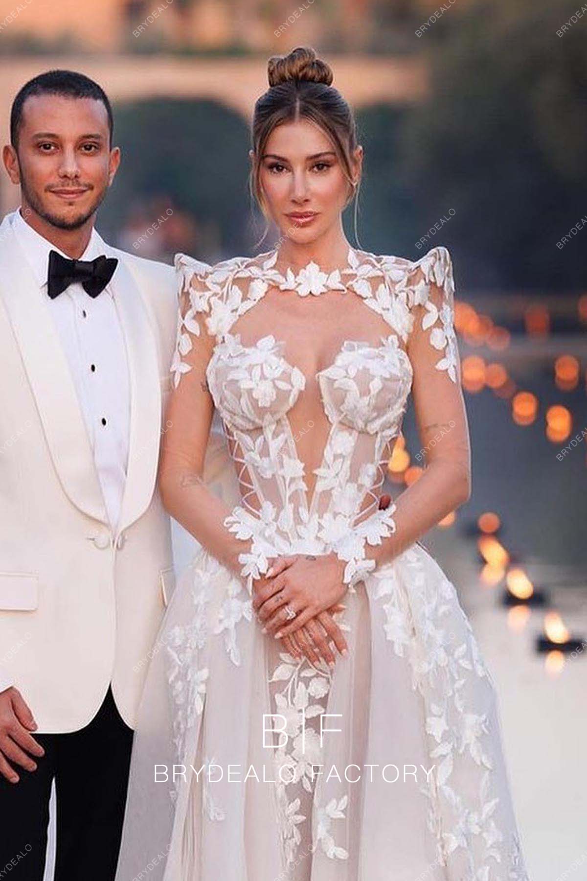 Designer Lace Illusion Corset Long Sleeve Baroque Overskirt Bridal Dress Designer Lace Illusion Corset Long Sleeve Baroque Overskirt Bridal Dress
