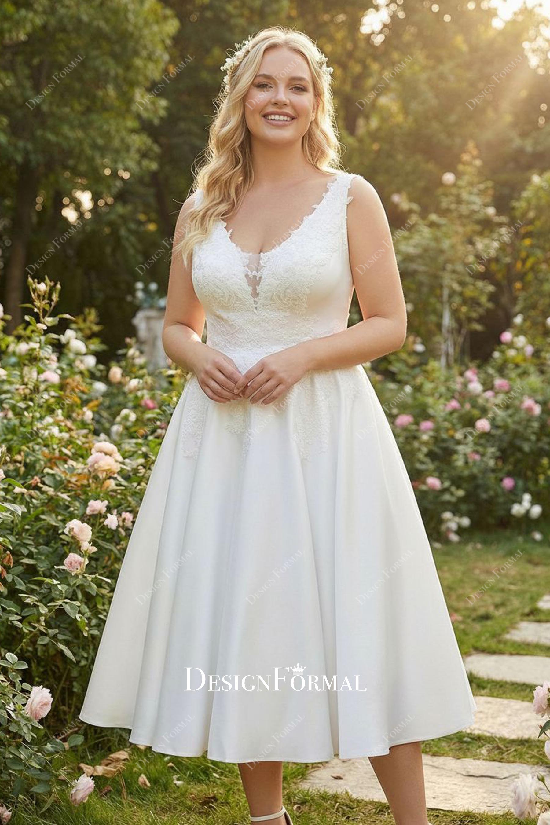 plunging neck lace tea length garden wedding dress