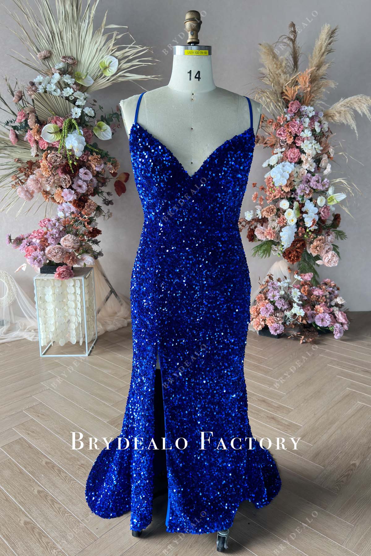 Custom Plus Size Stretchy Sequin Blue Plunging Neck Slit Prom Dress Custom Plus Size Stretchy Sequin Blue Plunging Neck Slit Prom Dress