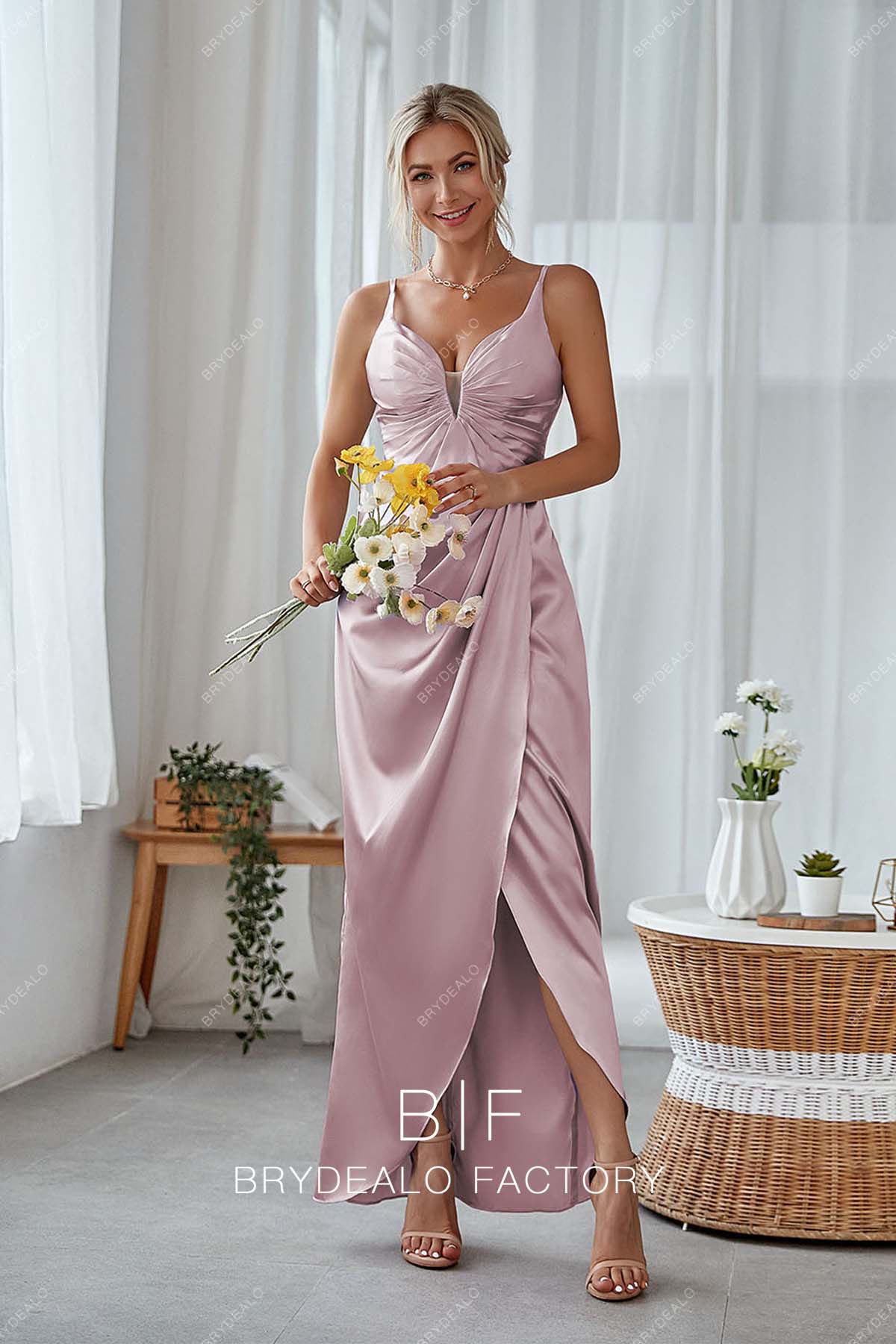 Ruched Plunging Neck Wisteria Charmeuse Slit Long Bridesmaid Prom Dress Ruched Plunging Neck Wisteria Charmeuse Slit Long Bridesmaid Prom Dress